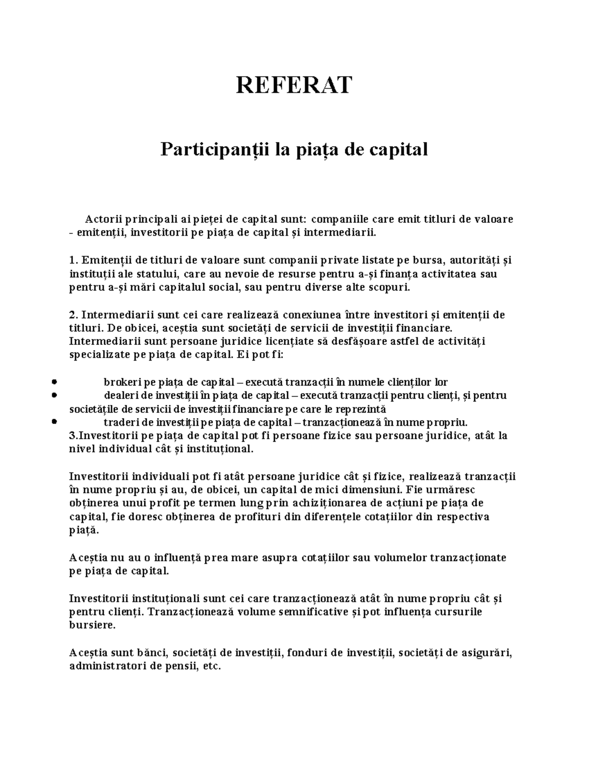 Participantii la piata de capital REFERAT Participanţii la piaţa de