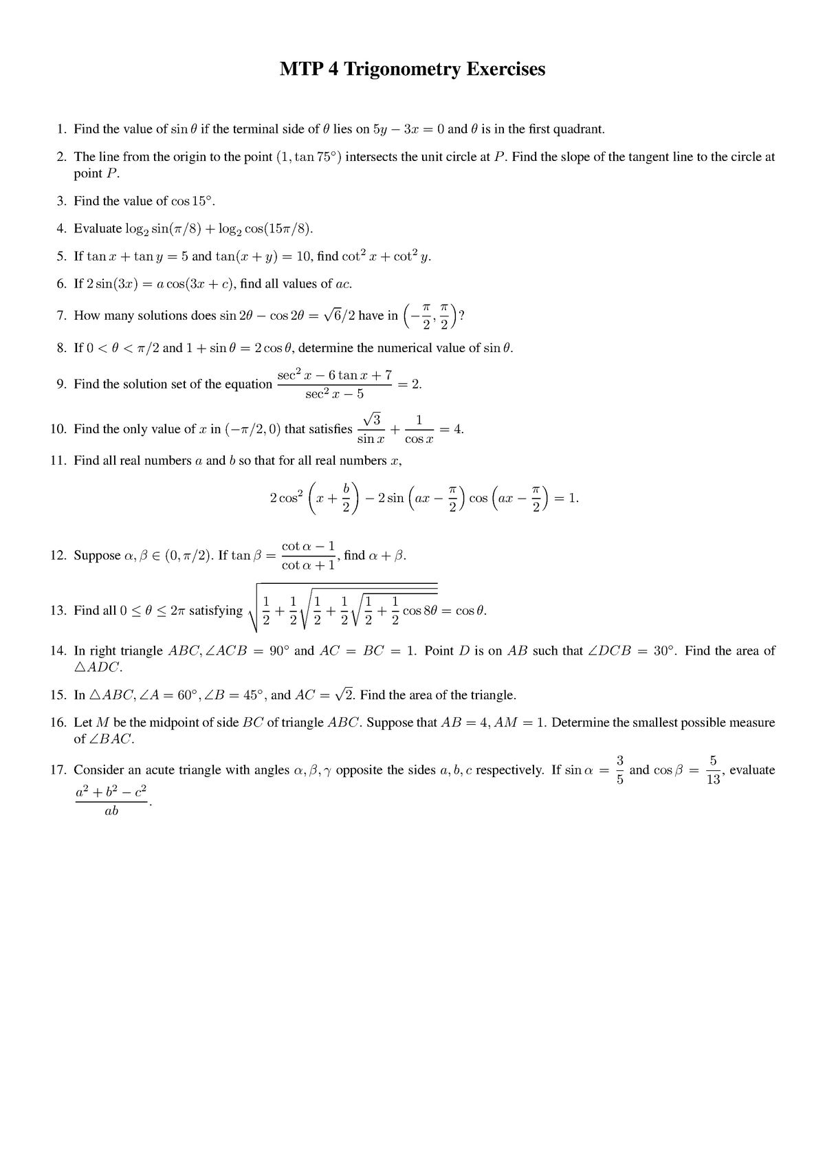 Trigonometry - The line from the origin to the point(1,tan 75 ...