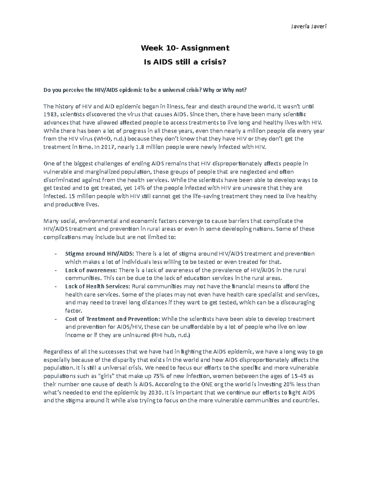 Week 10 - Javeria Javeri Week 10- Assignment Is AIDS still a crisis? Do ...