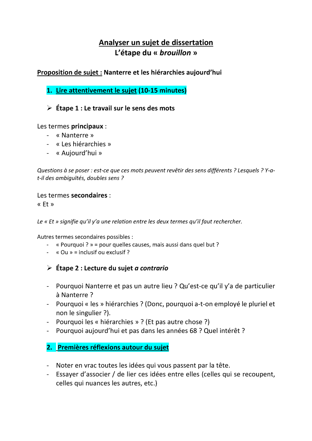 analyser un sujet de dissertation francais