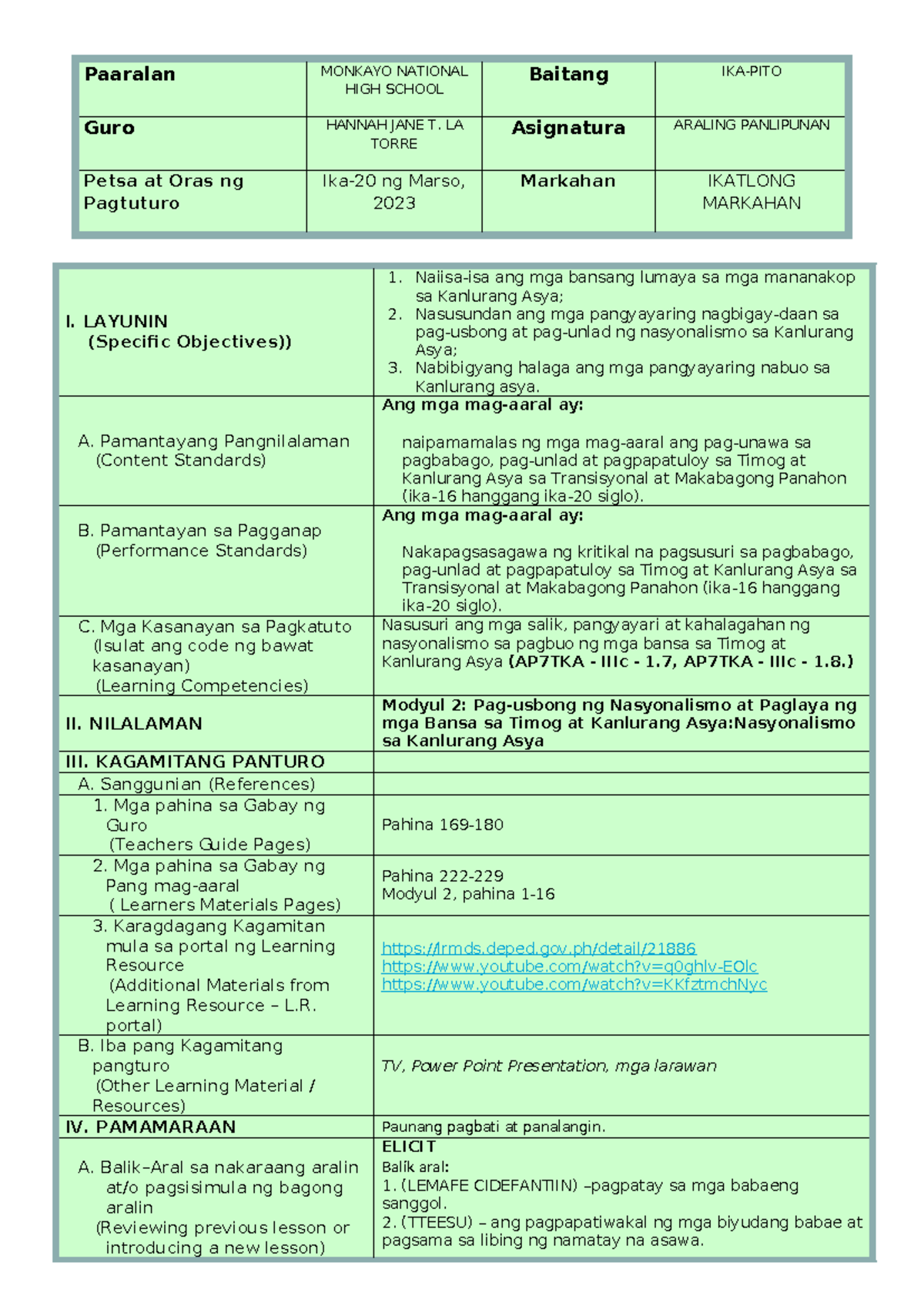 Module 2 Lp3 Lesson Plan Paaralan Monkayo National High School Baitang Ika Pito Guro Hannah 5249