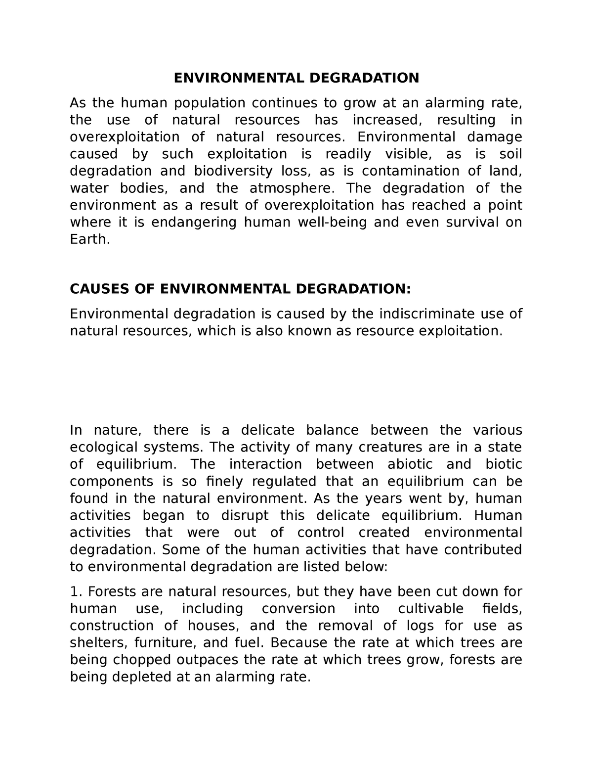 thesis statement about environmental degradation