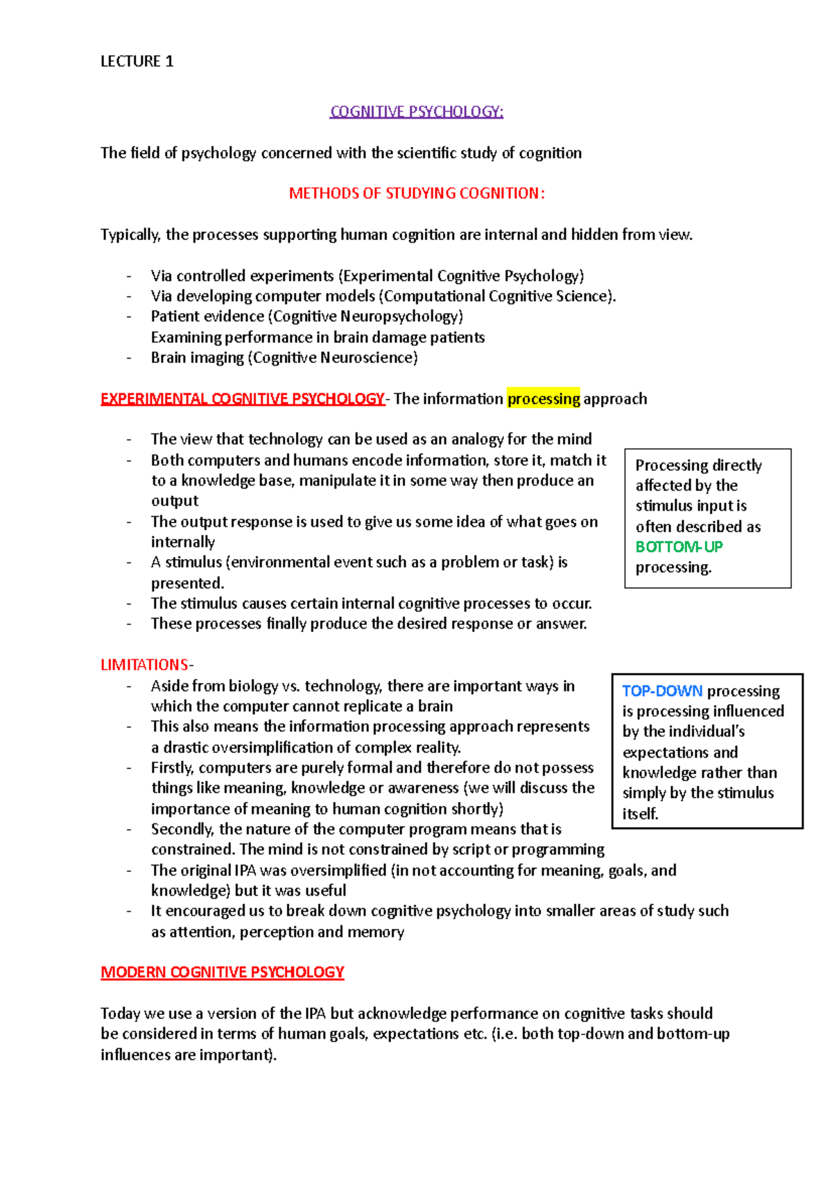 L1- Cognitive Psychology - LECTURE 1 COGNITIVE PSYCHOLOGY: The field of ...