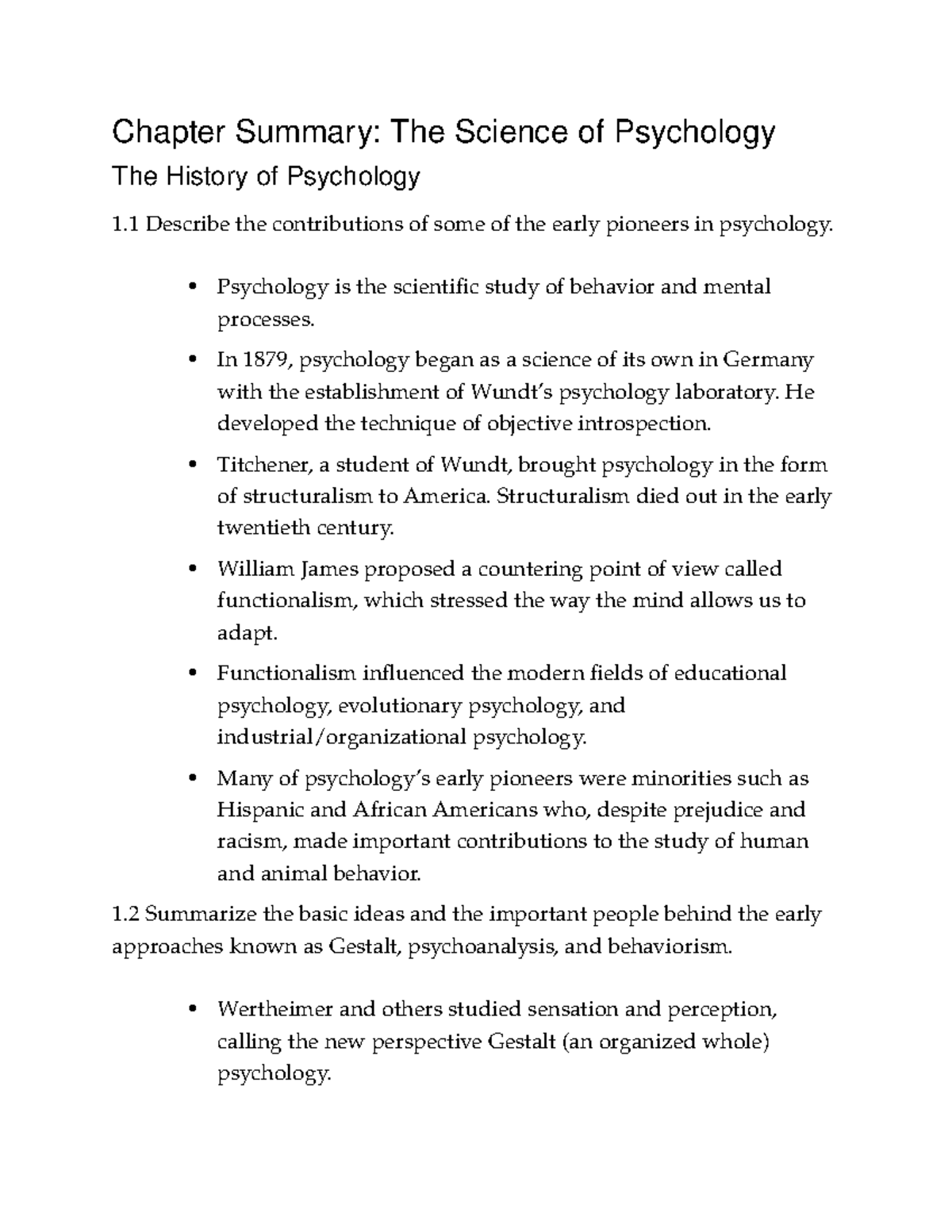 Chapter 1 Summary Psychology Chapter Summary The Science of