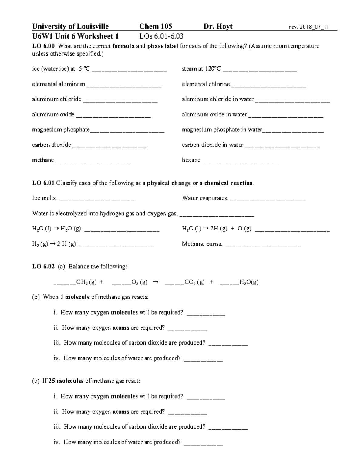 Chem 105 Unit 6 Worksheet 1 - University of Louisville Chem 105 Dr ...