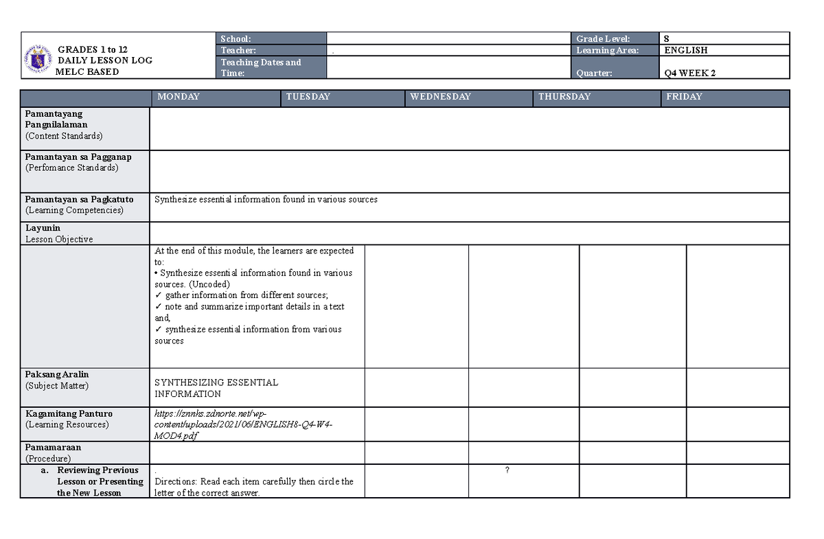 MELC DLL ENG 8 WEEK 2 Q4 DONE - GRADES 1 to 12 DAILY LESSON LOG MELC ...