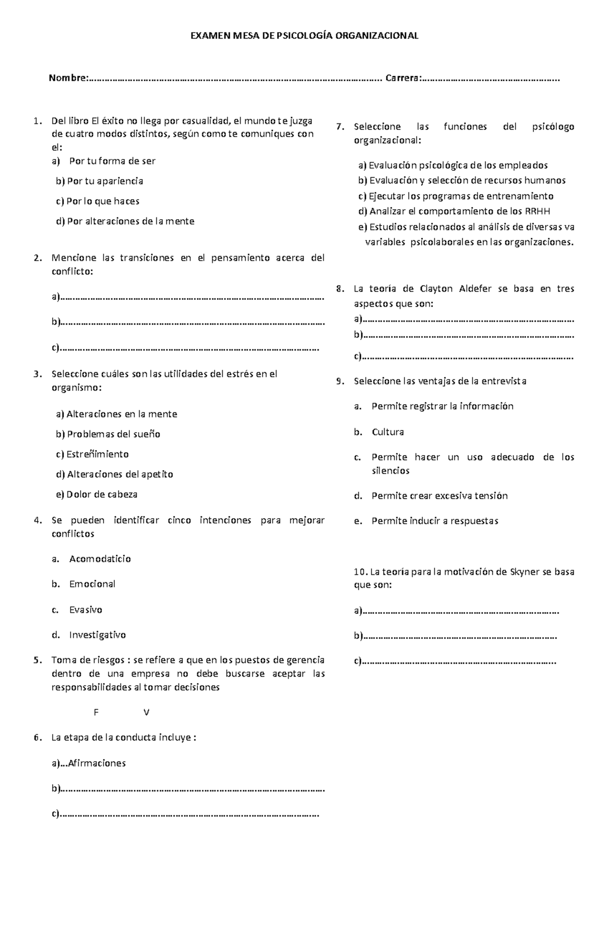 Examen MESA Psicologia organizacional - EXAMEN MESA DE PSICOLOGÍA ...