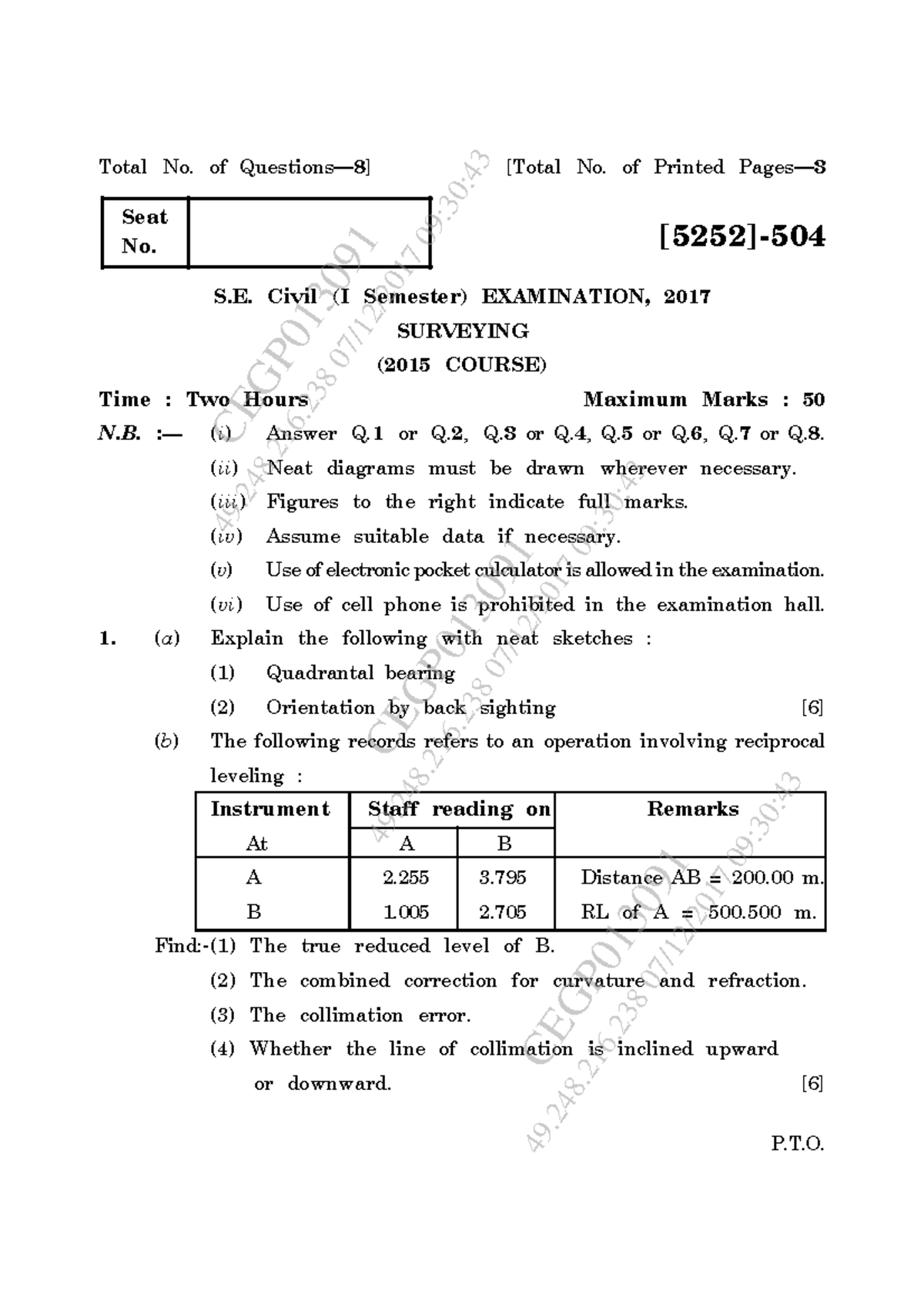 Nov Dec 2017 - civil enginnering paper - P.T. Total No. of Questions— 8 ...
