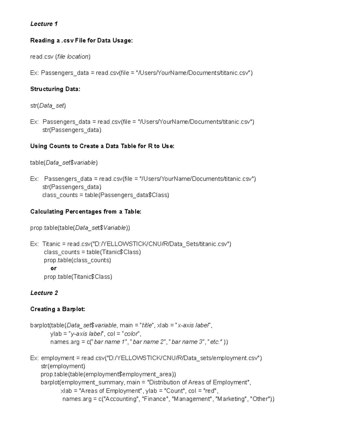 R Code Commands for Test 1 - Lecture 1 Reading a .csv File for Data ...