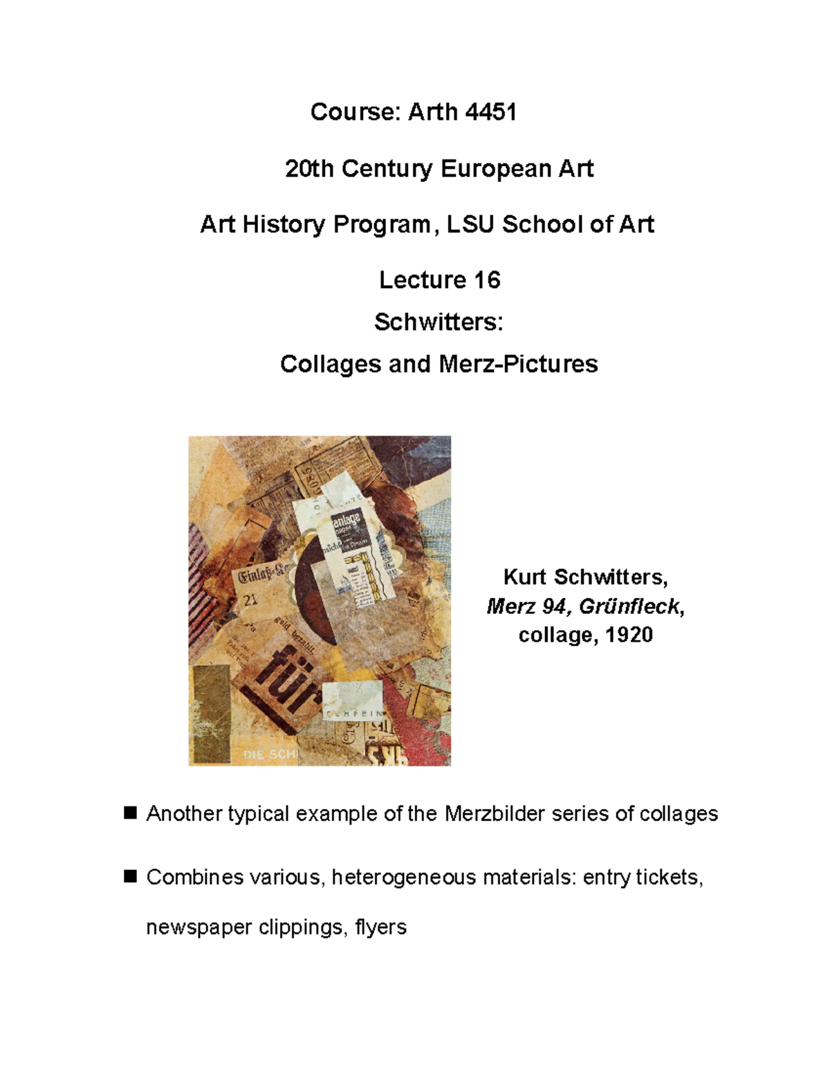 Schwitters 20th Century Art History lecture notes from ppt