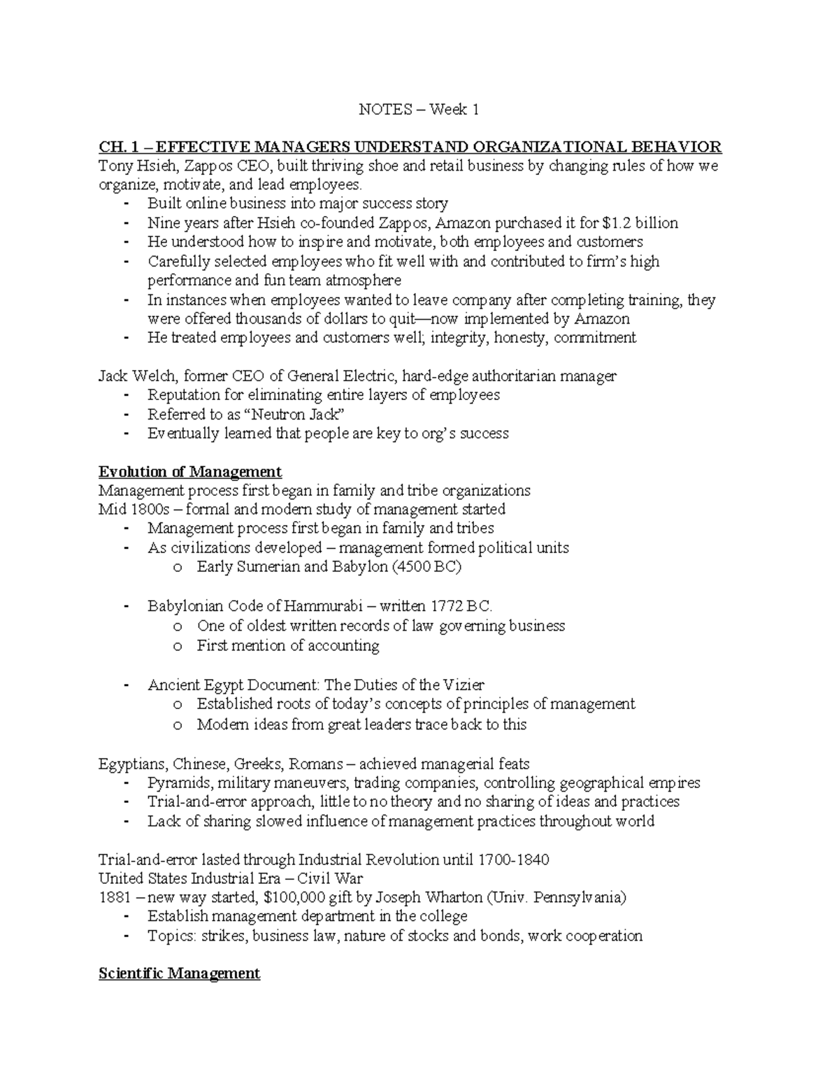 Notes Week 1 - NOTES – Week 1 CH. 1 – EFFECTIVE MANAGERS UNDERSTAND ...