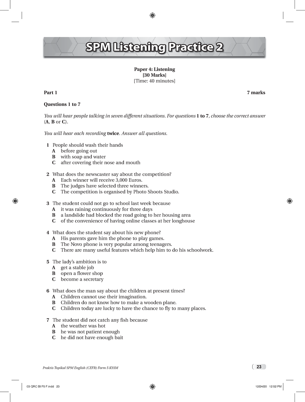 Listening Test Spm Answer Sheet