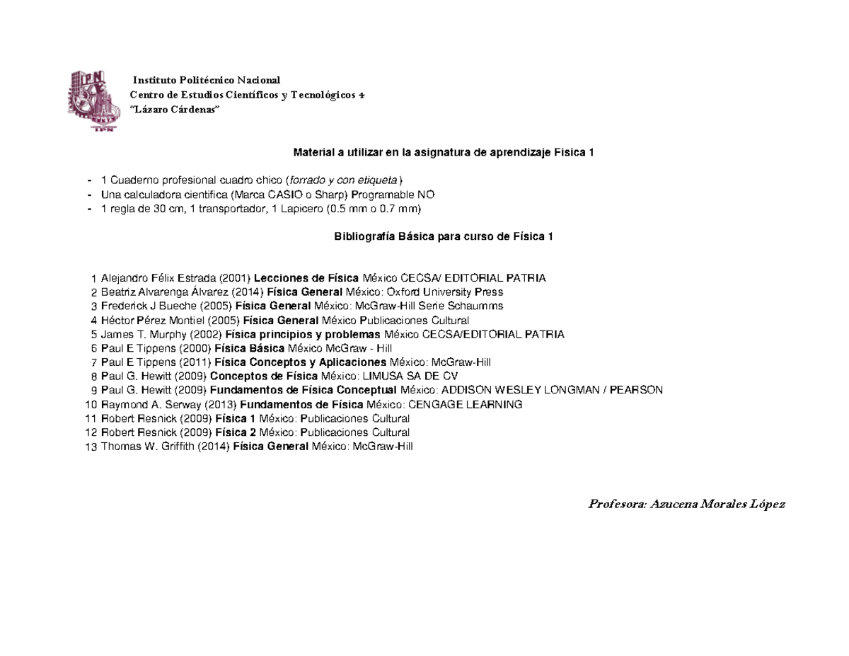 Bibliografia Física - Bibliografías usadas en física 1 con profesora