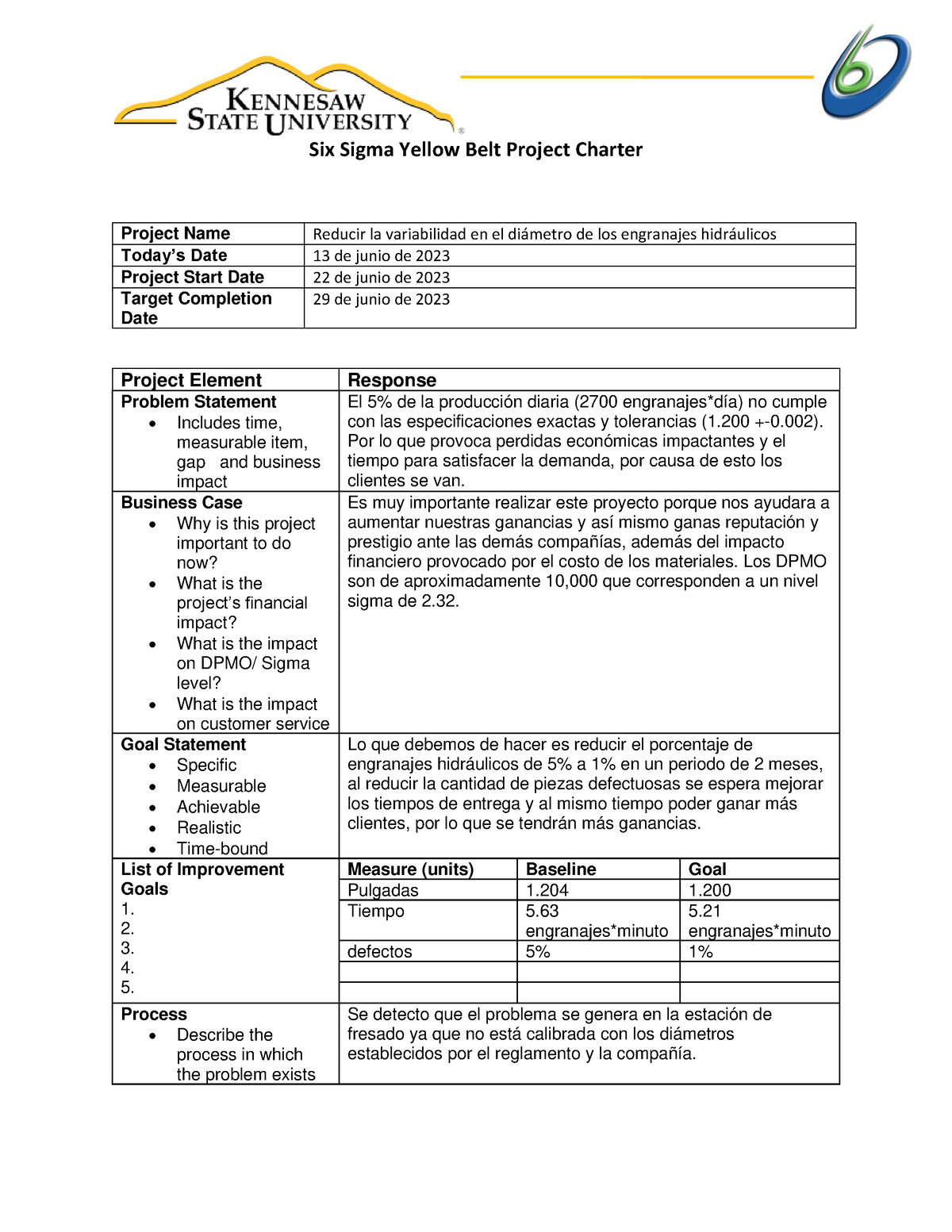 yellow belt capstone project examples