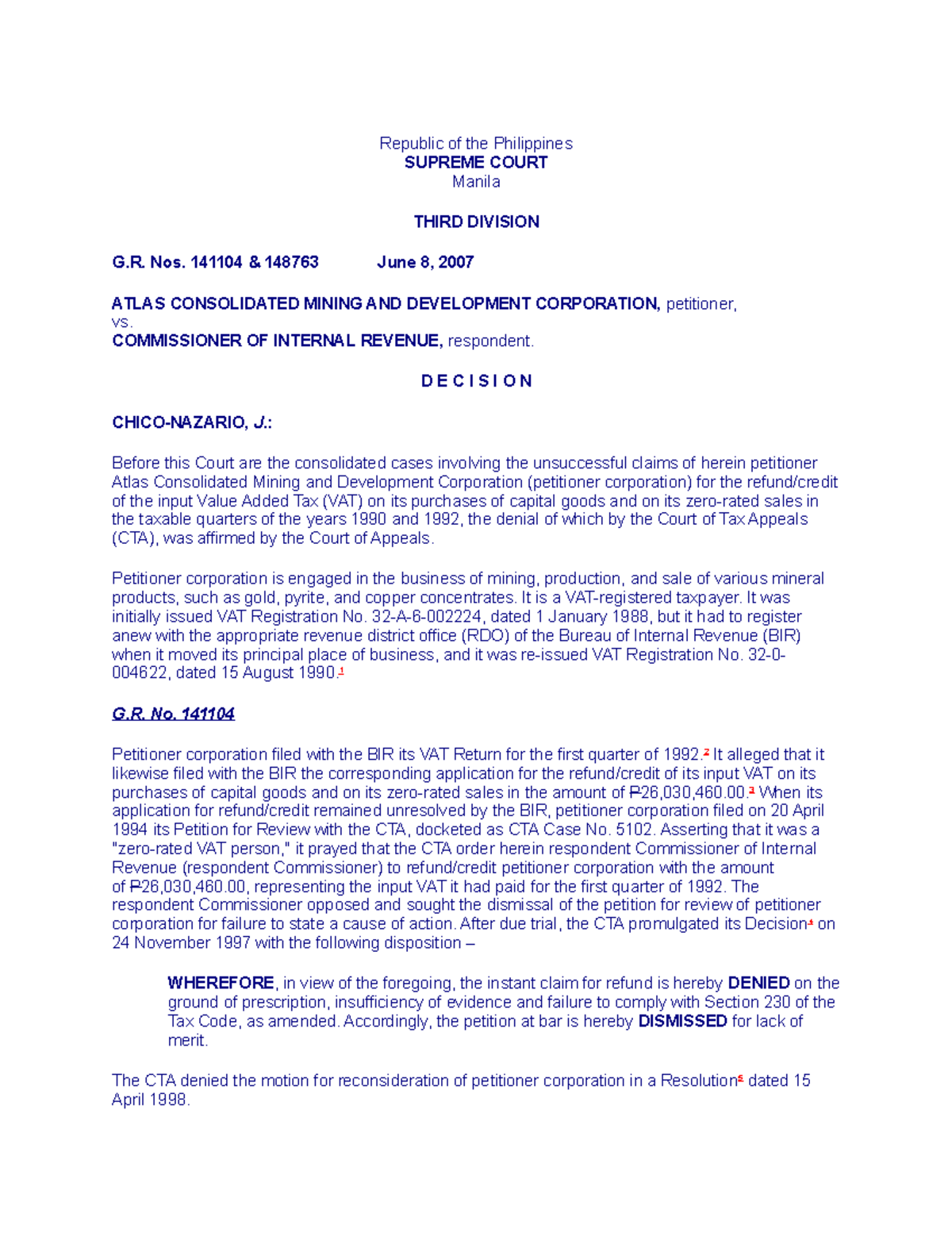 5. Atlas Consolidated Mining vs CIR 8 June 2007 - Law school - Studocu