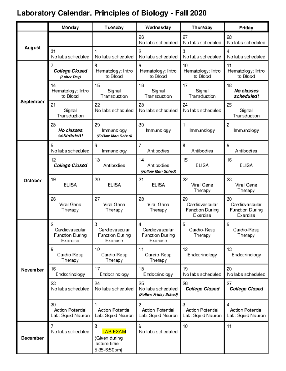 Fall 2020 Bio 102 Lab Calendar - Laboratory Calendar. Principles of ...