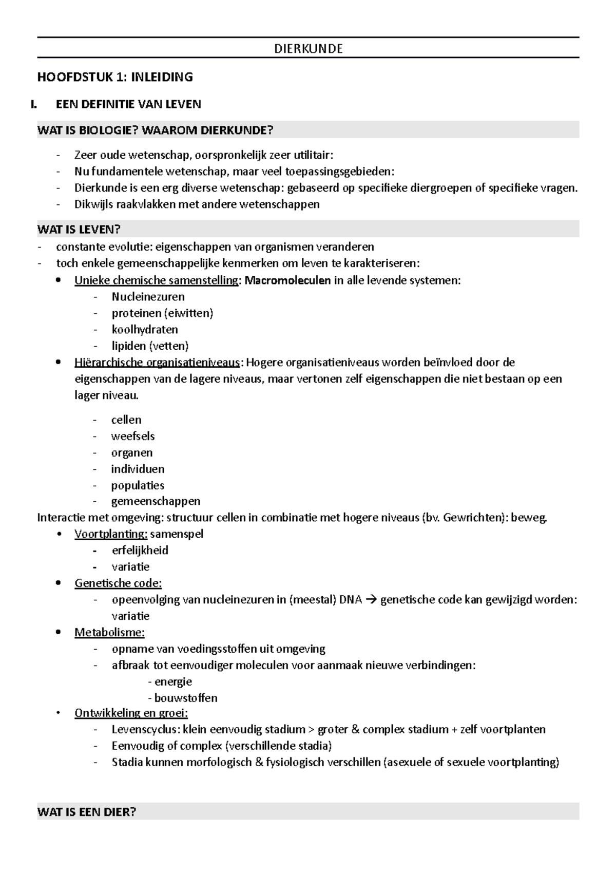 Vak Dierkunde: Samenvatting - DIERKUNDE HOOFDSTUK 1: INLEIDING I. EEN ...