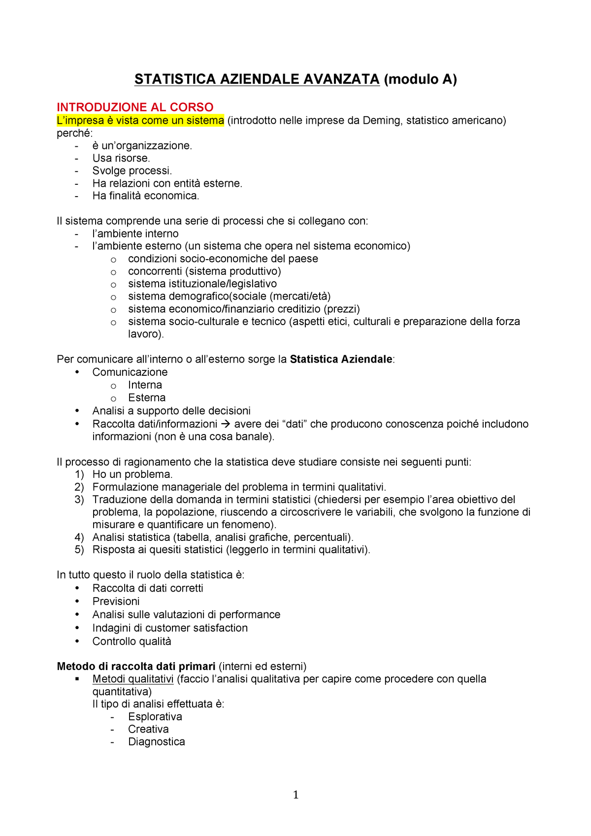 Statistica Aziendale Avanzata 1 - STATISTICA AZIENDALE AVANZATA (modulo ...