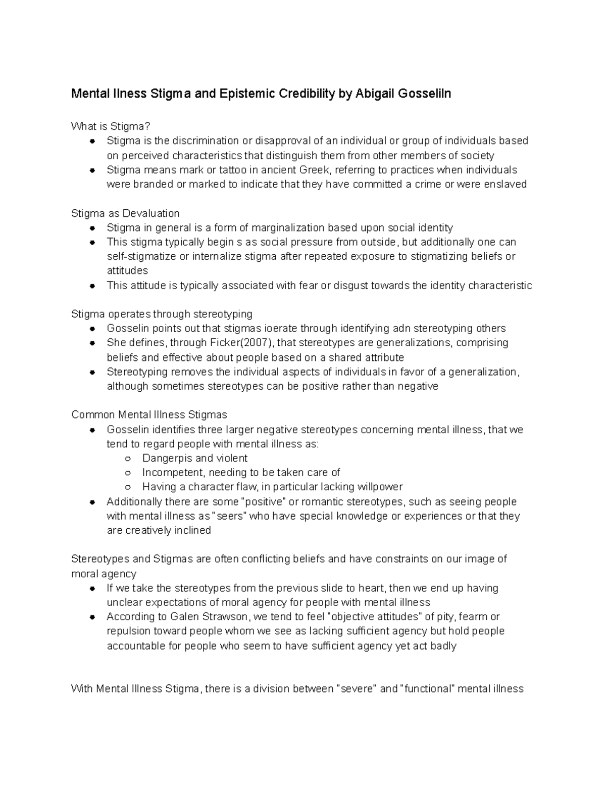 Bio ethics Notes Part 3 - Mental Ilness Stigma and Epistemic ...