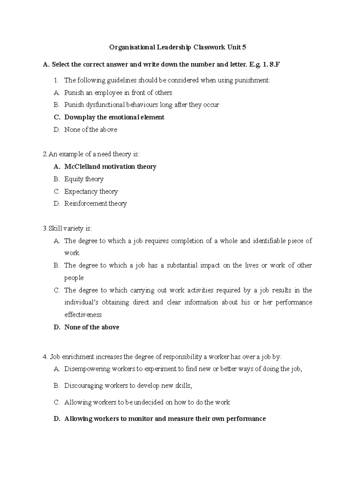 Organisational Leadership Unit 5 Classwork Answers - Organisational ...