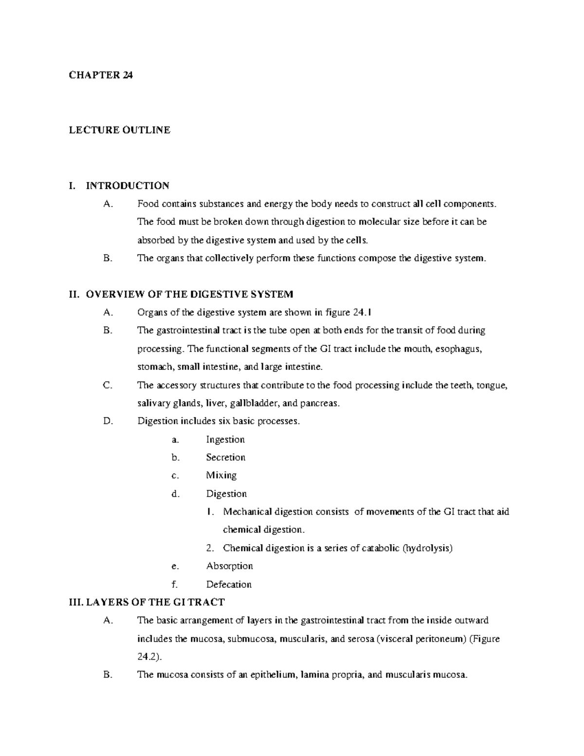 Ch24 notes -2 - CHAPTER 24 LECTURE OUTLINE I. INTRODUCTION A. Food ...