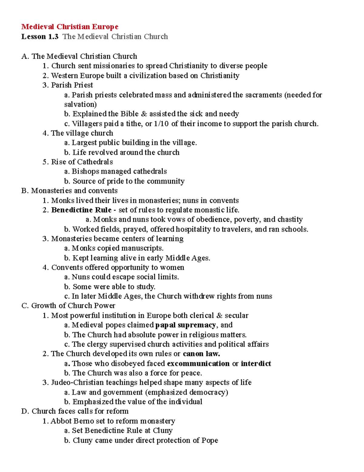 Medieval Christian Europe 1.3 Notes - Medieval Christian Europe Lesson ...