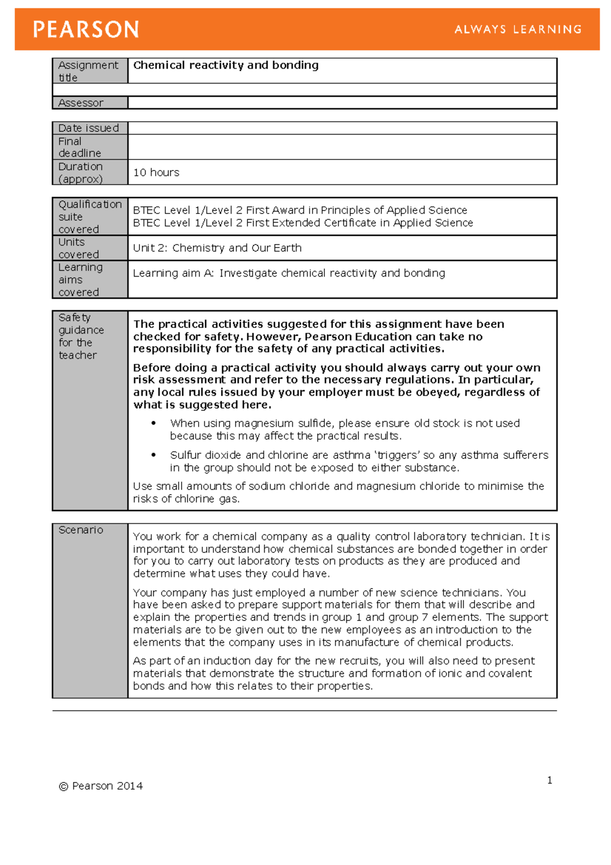 Authorised Assignment Brief For Learning Aim A Unit 2 Chemistry And Our ...