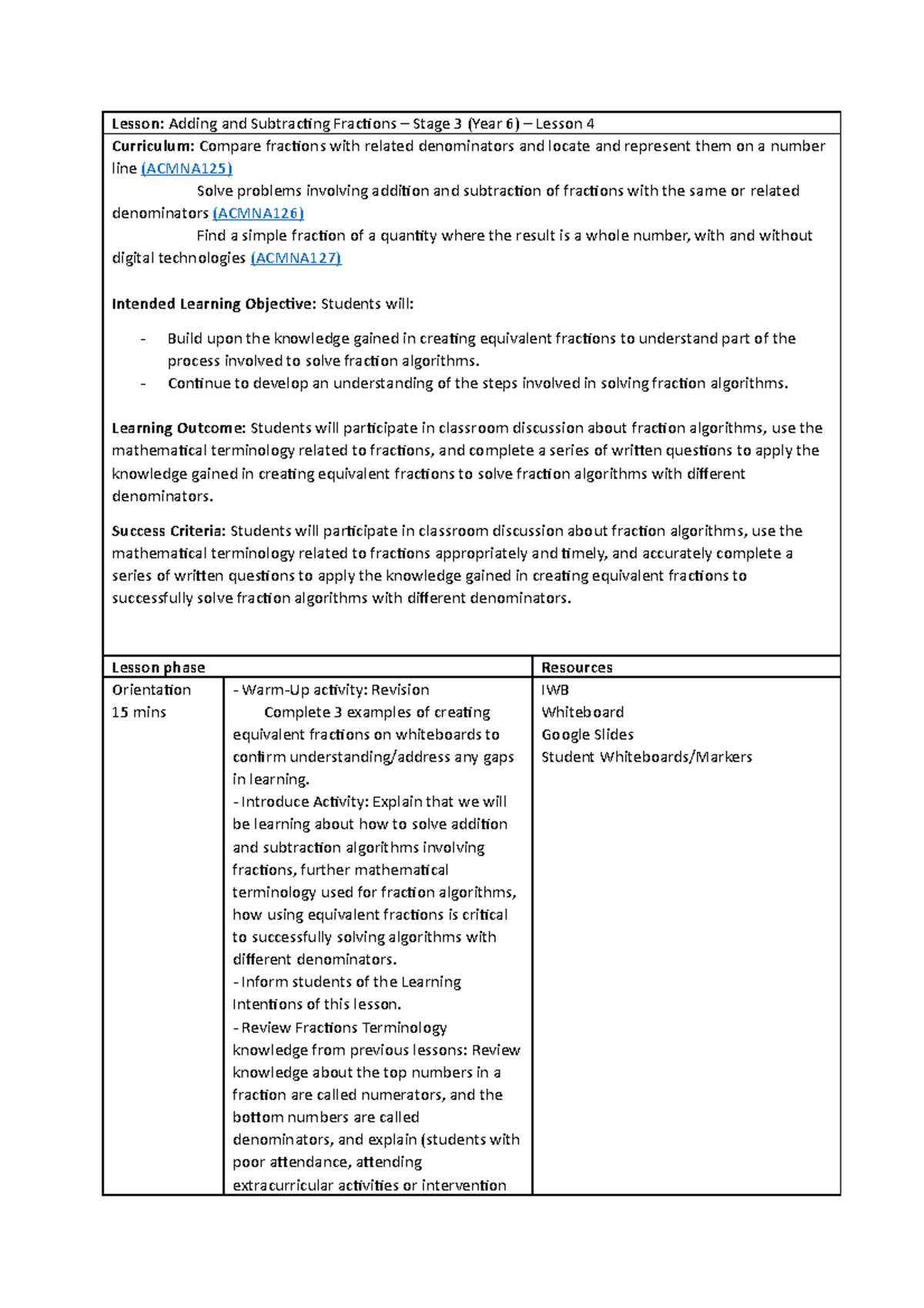 Lesson Plan - HPPS - 28082022 - Stage 3 Maths - Adding and Subtracting ...