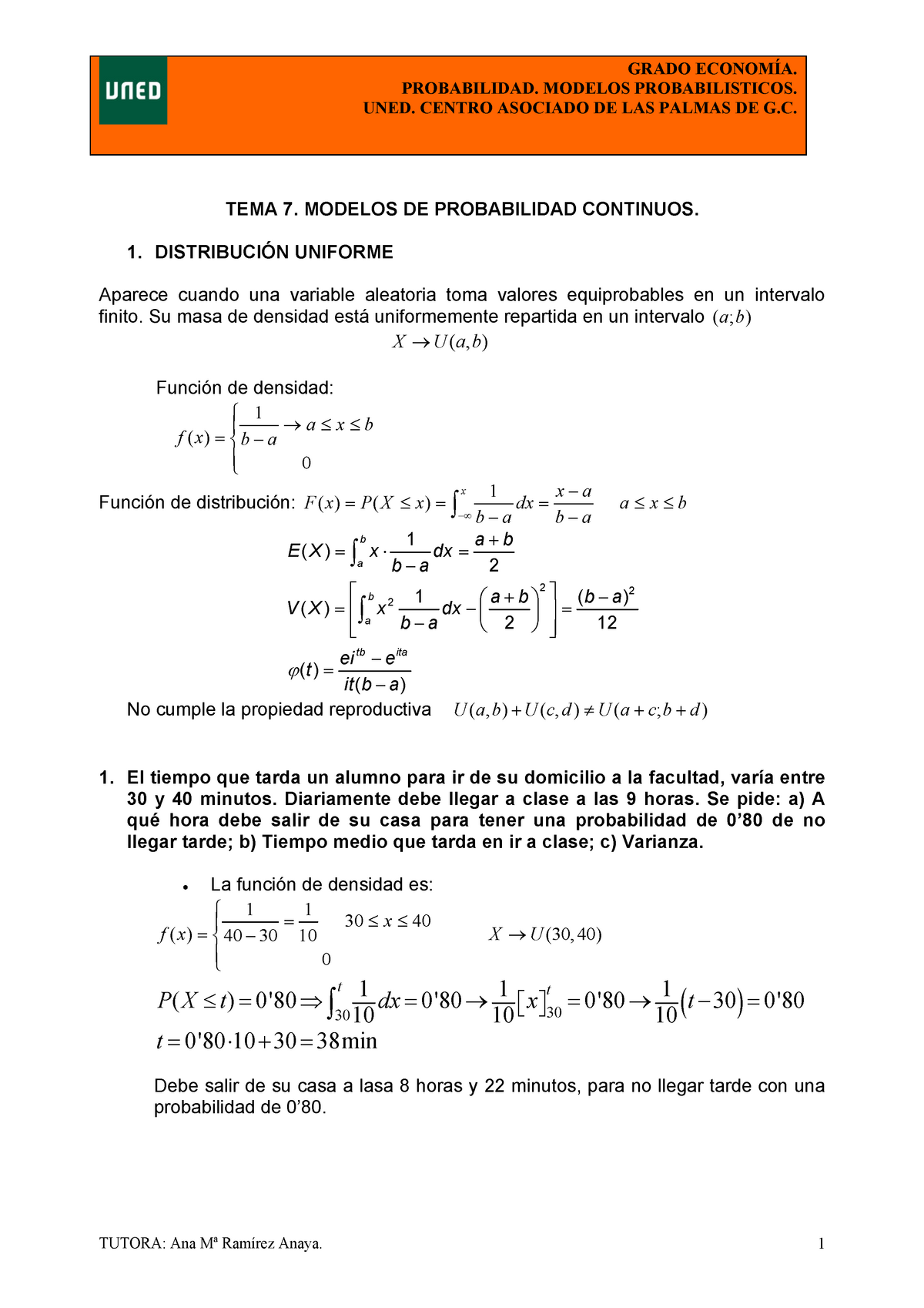 Tema 7. Modelos Probabilidad Continuos - PROBABILIDAD. MODELOS ...