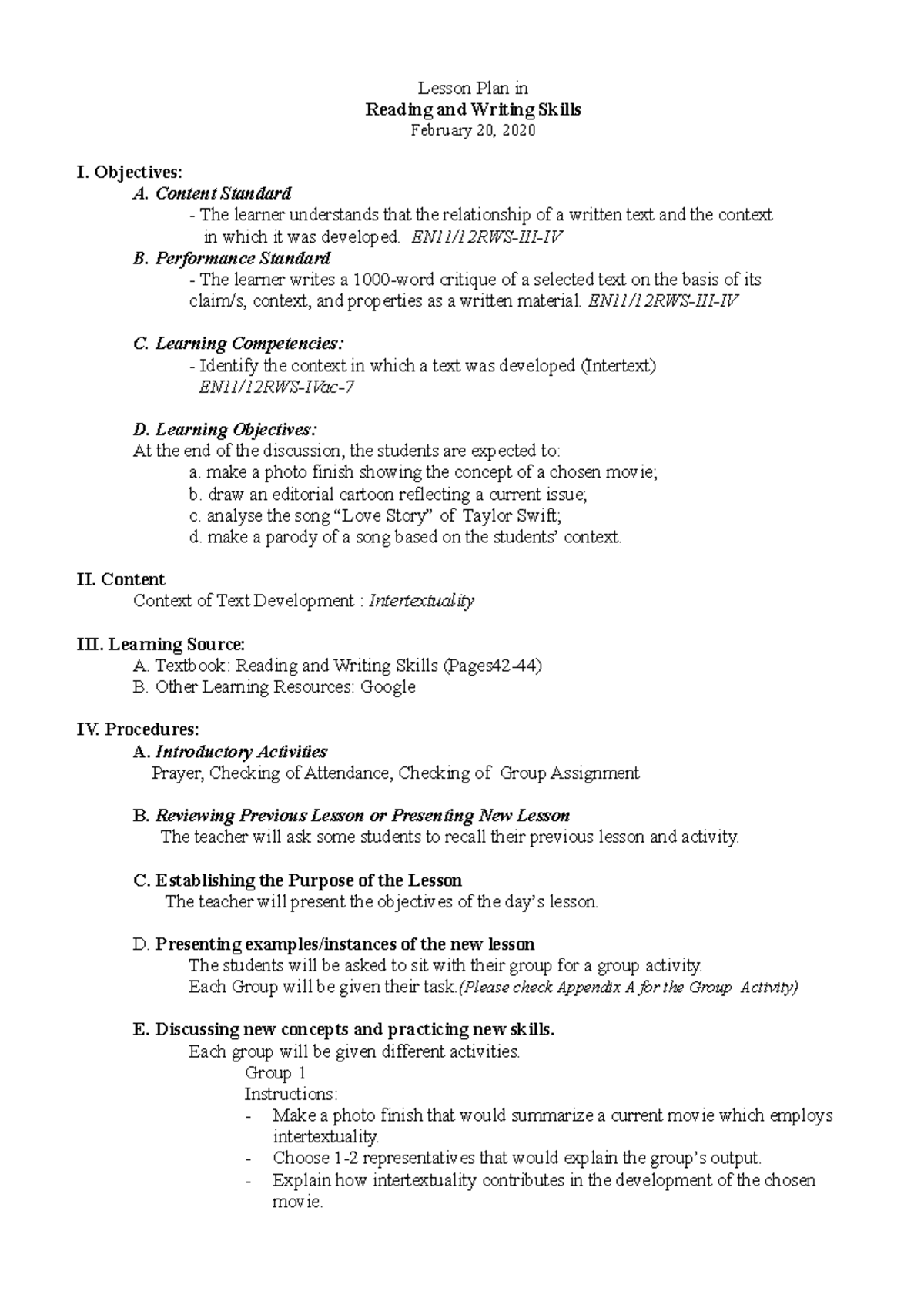 Lesson Plan in Reading and Writing - Intertextuality - Lesson Plan in ...