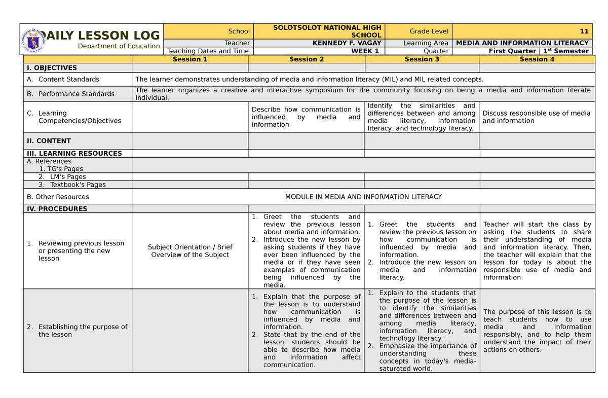 Dll MIL Quarter 1 WEEK 1 - Best Copies - DAILY LESSON LOG Department Of ...