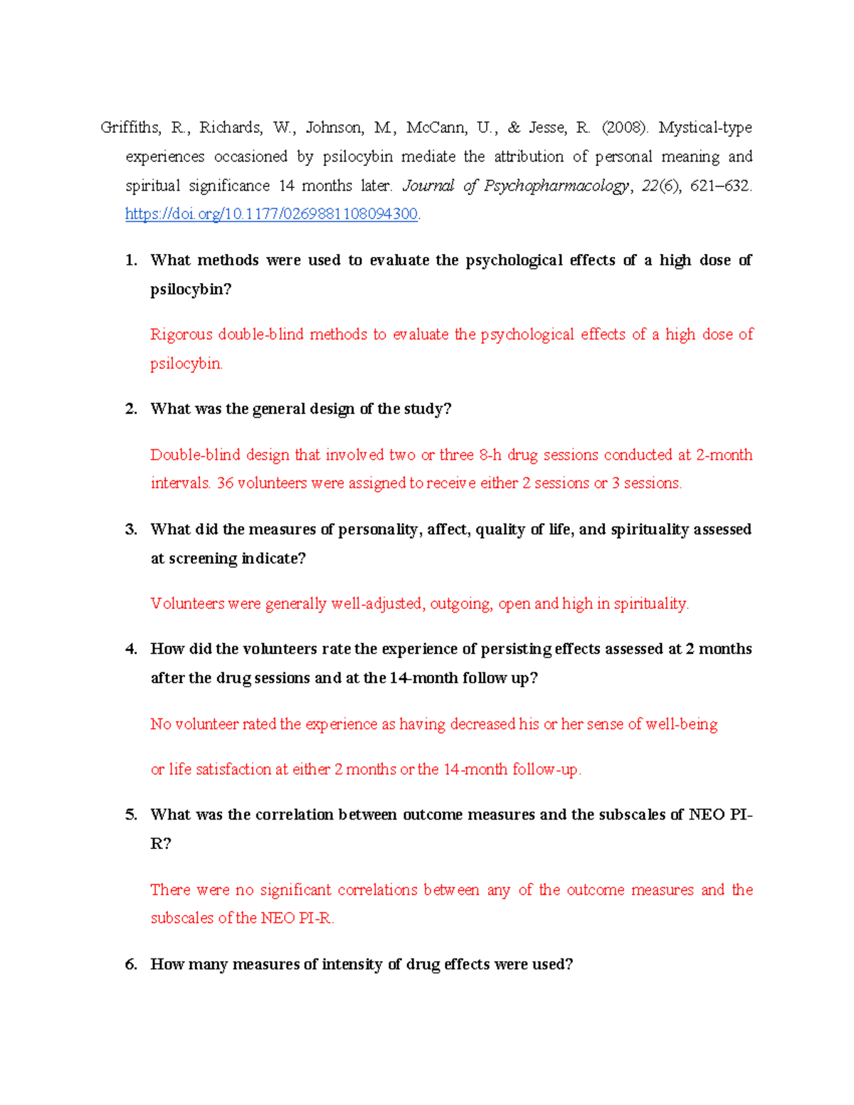 Study Guide 6 - Griffiths, R., Richards, W., Johnson, M., McCann, U ...