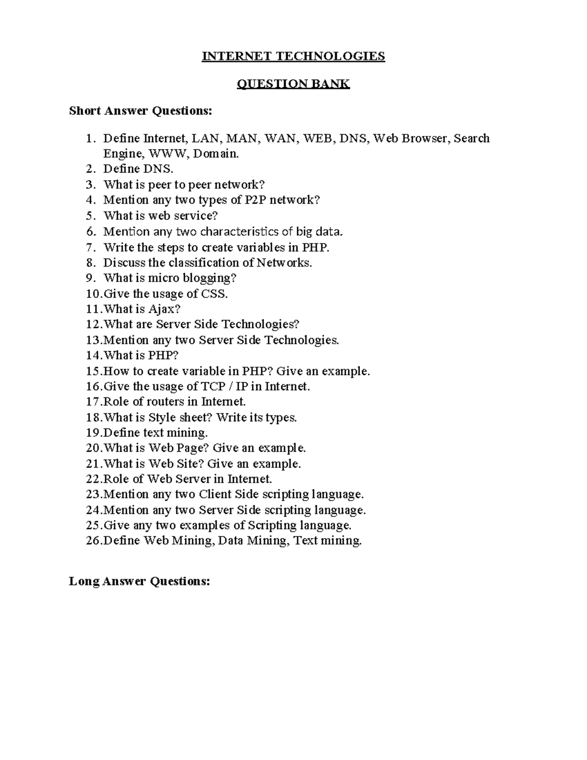 Internet technologies model paper bca 4th sem all questions like short