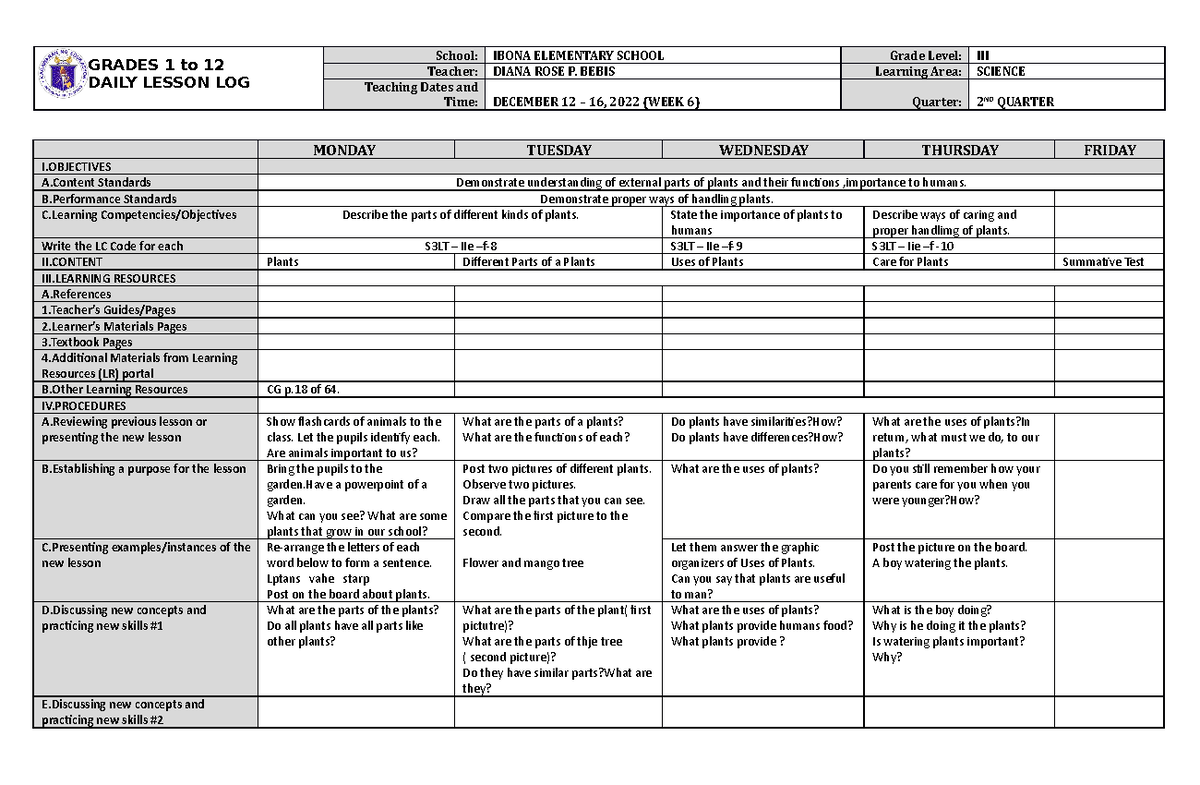 DLL Science 3 Q2 W6 - PROF. DELA CRUZ - GRADES 1 to 12 DAILY LESSON LOG ...