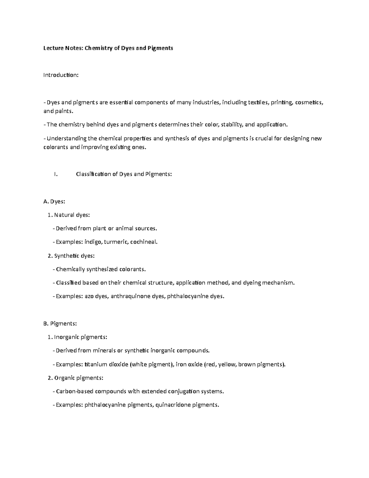 Lecture Notes Chemistry of Dyes and Pigments Lecture Notes