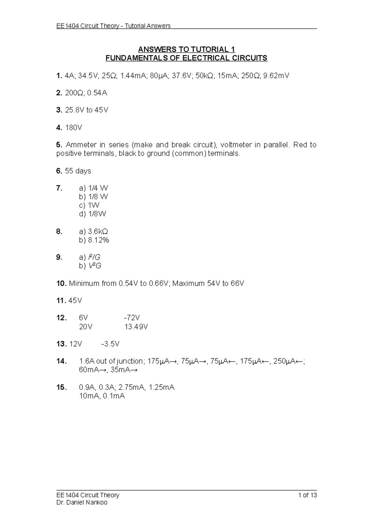 2008-2009 All Tutorials - Answers - EE1404 Circuit Theory - Tutorial ...