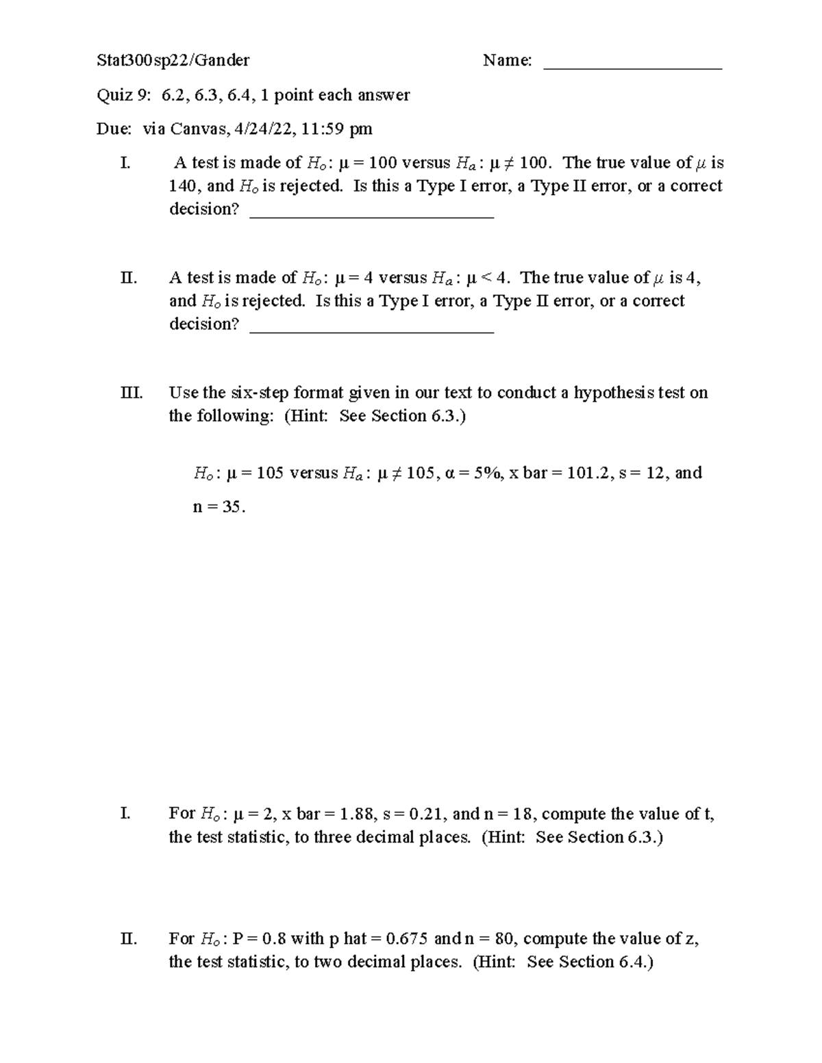 Stat100sp22+Quiz+9, elementary statistics - Stat300sp22/Gander Name ...