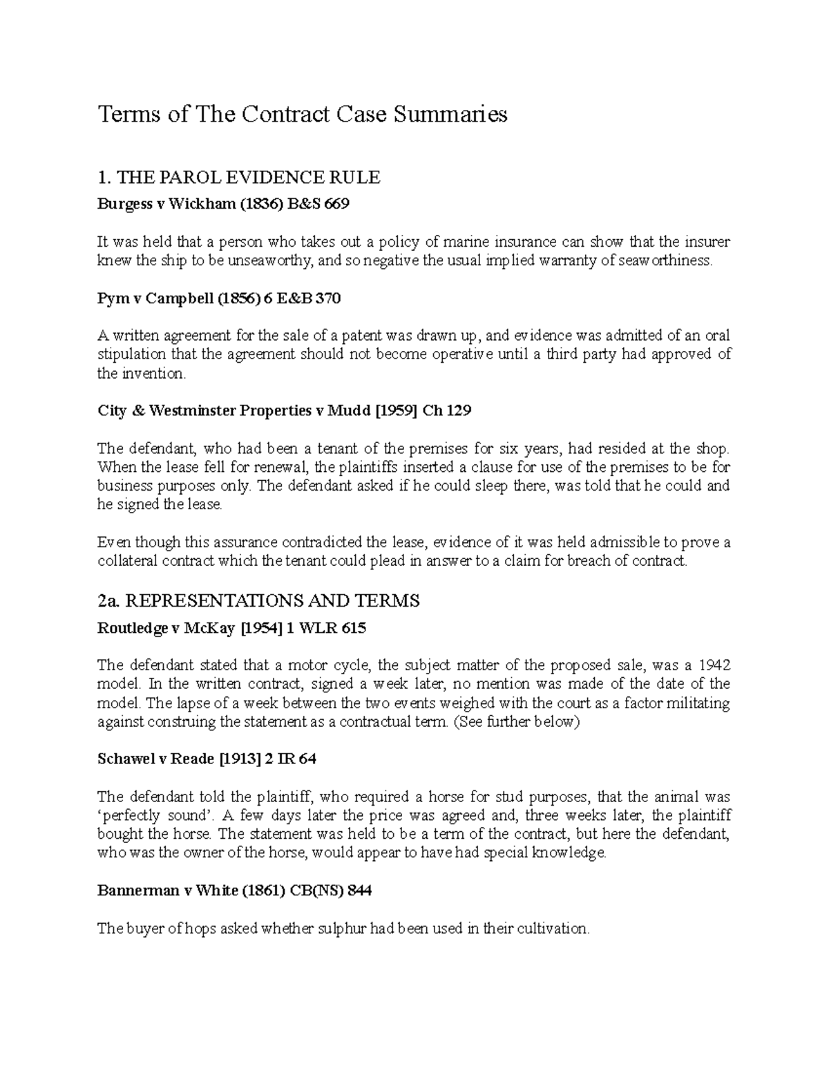 Terms of contract cases Terms of The Contract Case Summaries 1. THE
