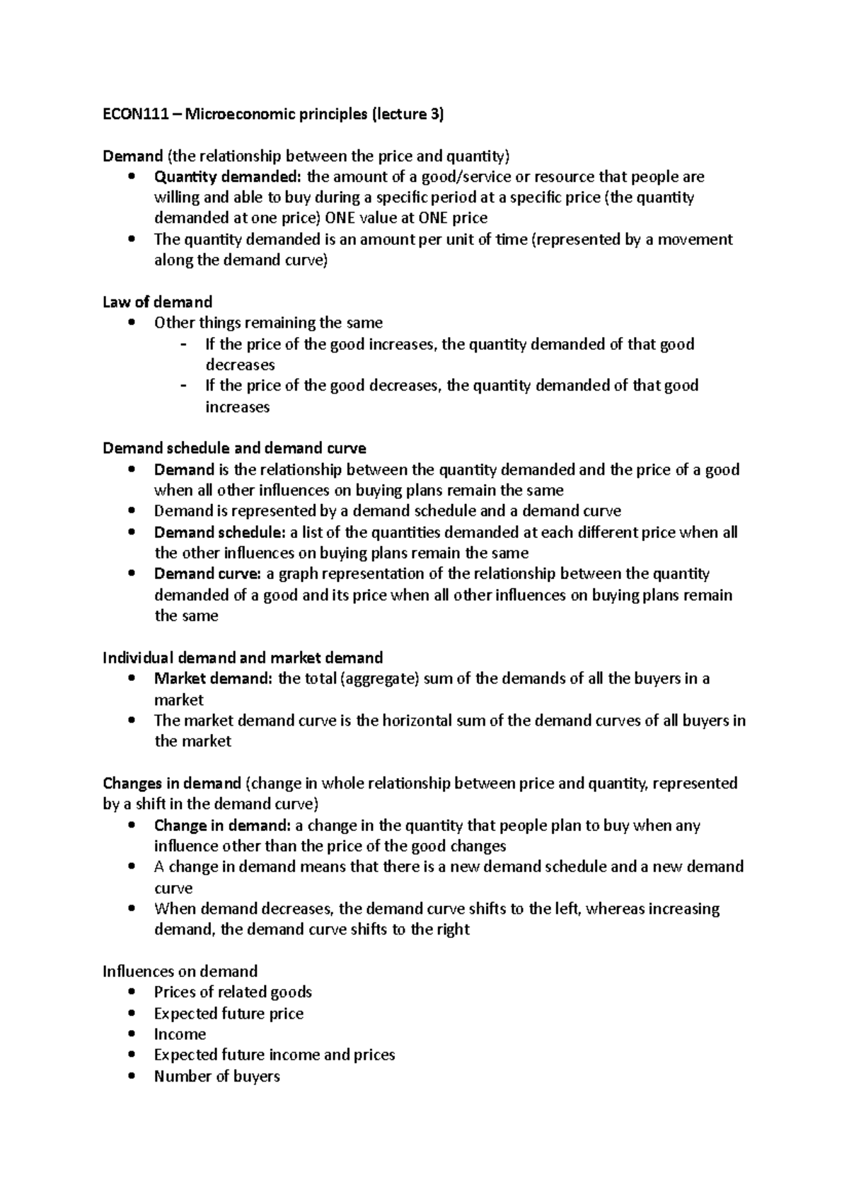 Lecture 3 - notes - ECON111 – Microeconomic principles (lecture 3 ...