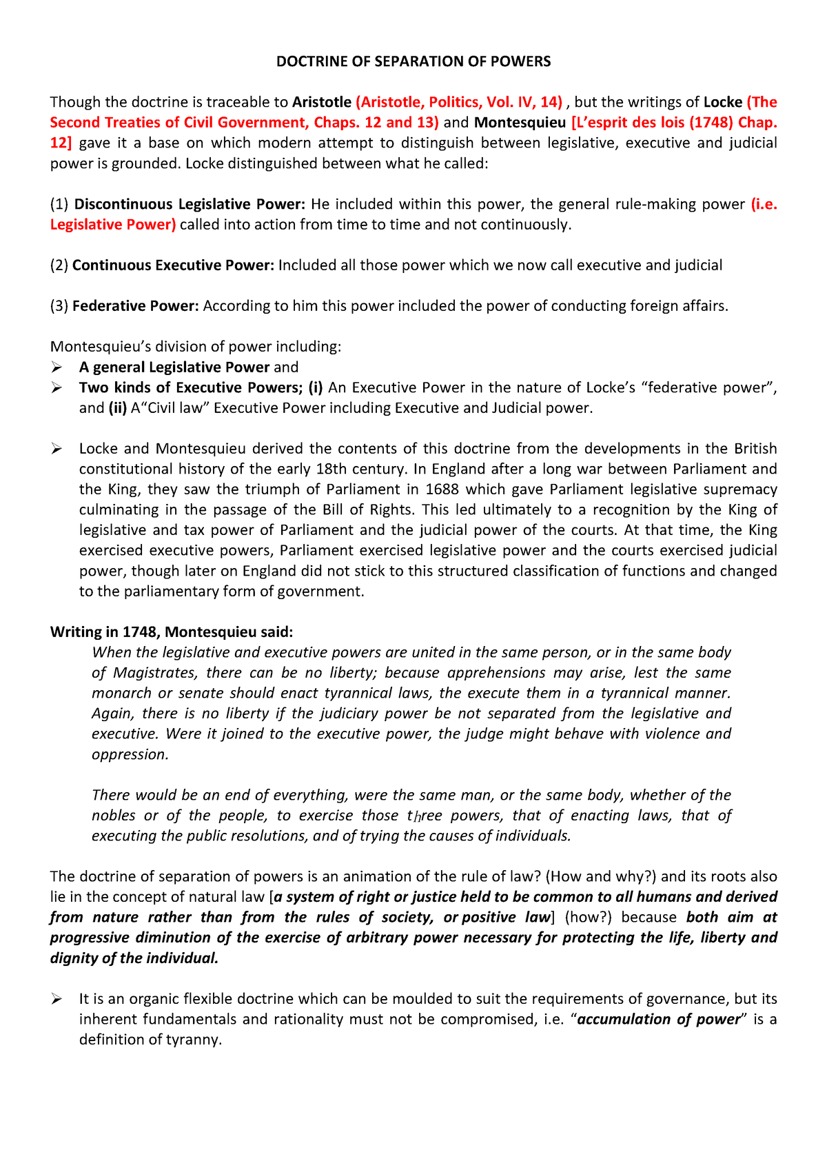 Notes On Doctrine Of Separation Of Powers - DOCTRINE OF SEPARATION OF ...