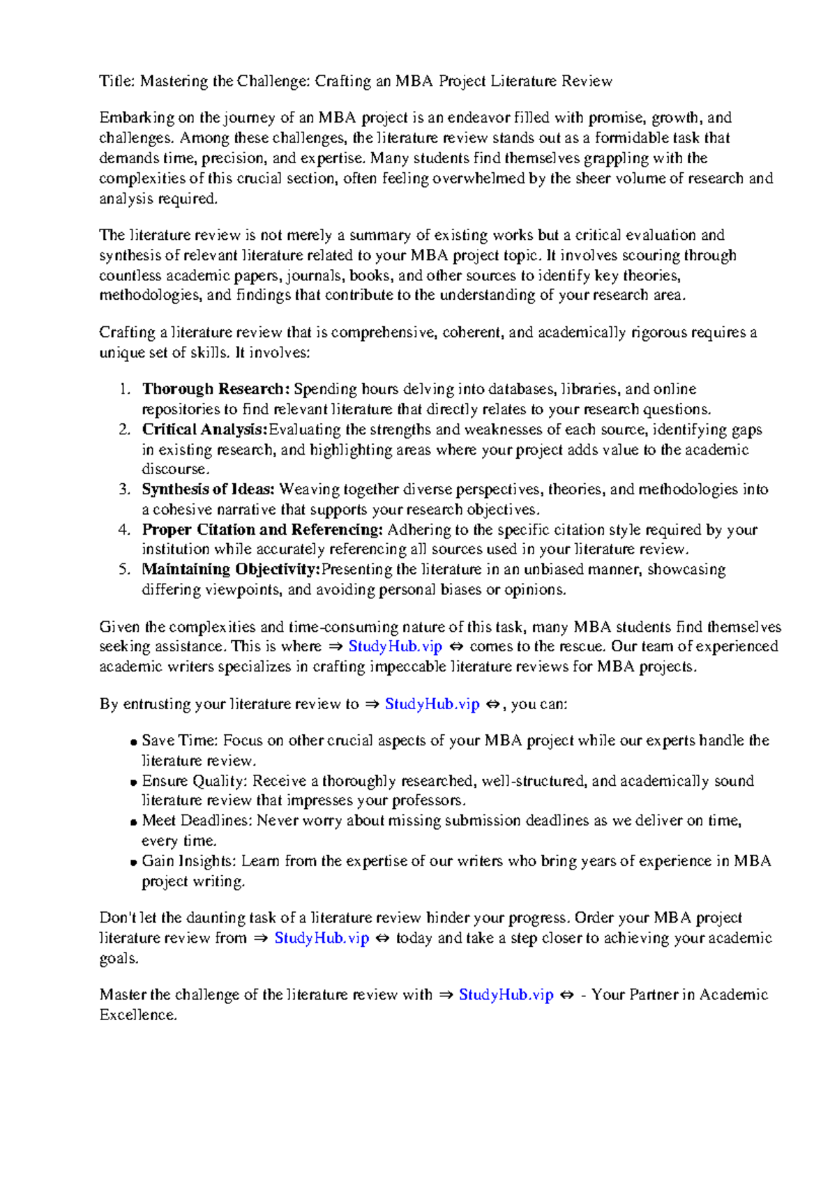 Mba Project Literature Review - Title: Mastering the Challenge ...