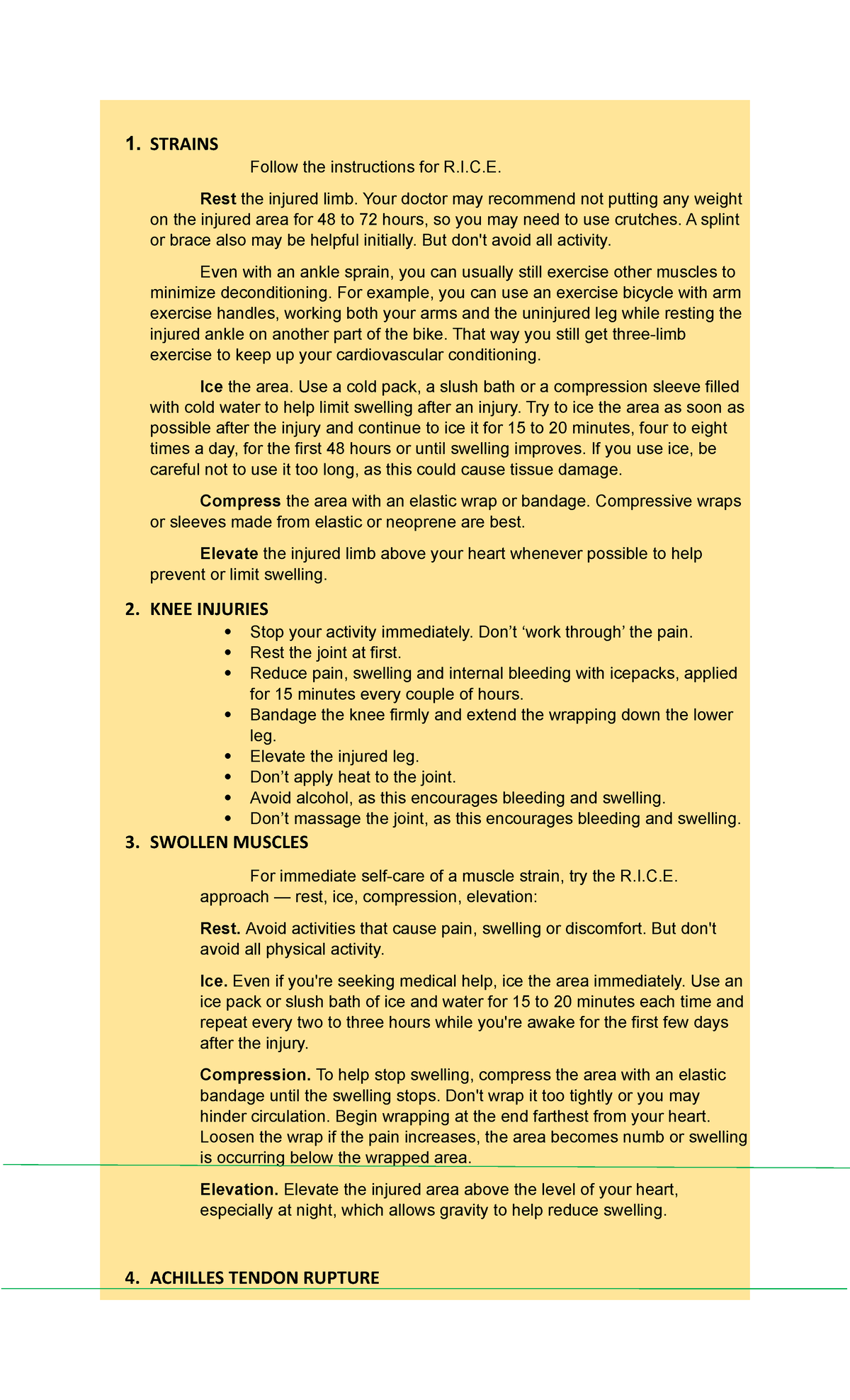 Common Injuries and the First Aid - 1. STRAINS Follow the instructions ...
