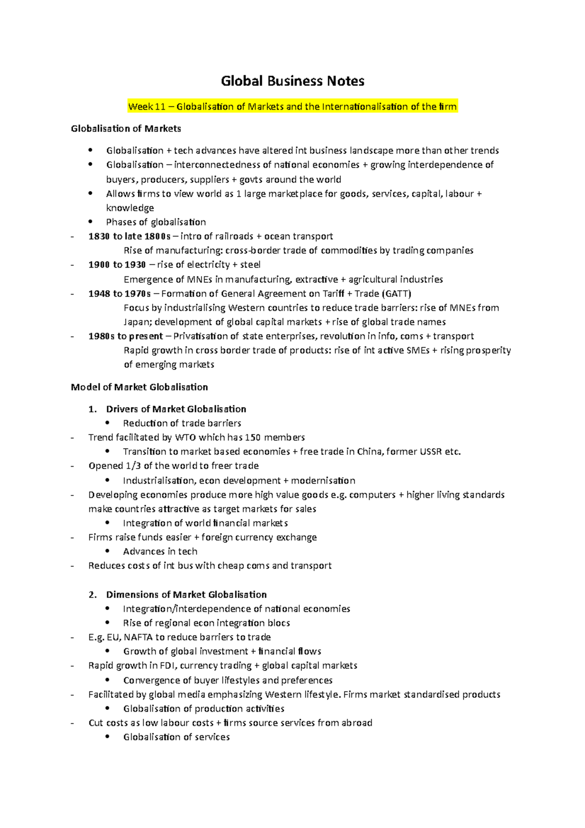 Global Business notes - Global Business Notes Week 11 – Globalisation ...