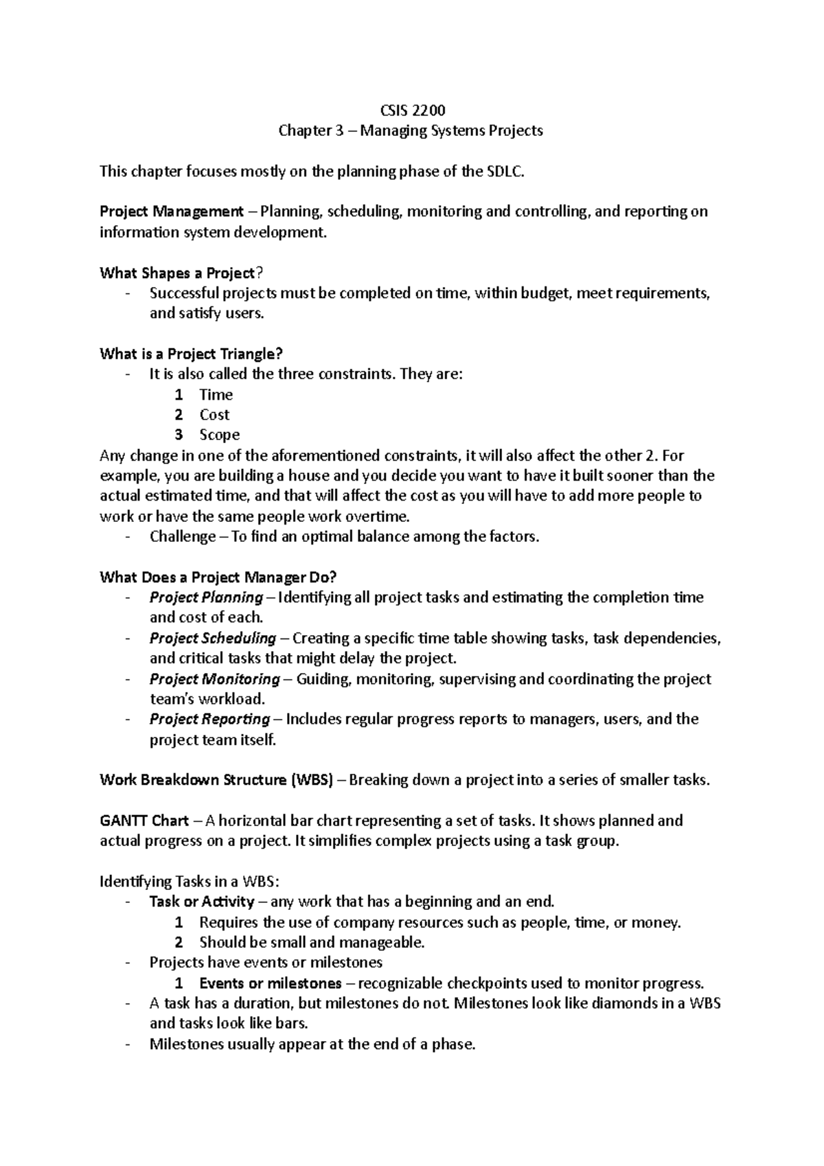 CSIS 2200 - Chapter 3 Notes - CSIS 2200 Chapter 3 – Managing Systems ...