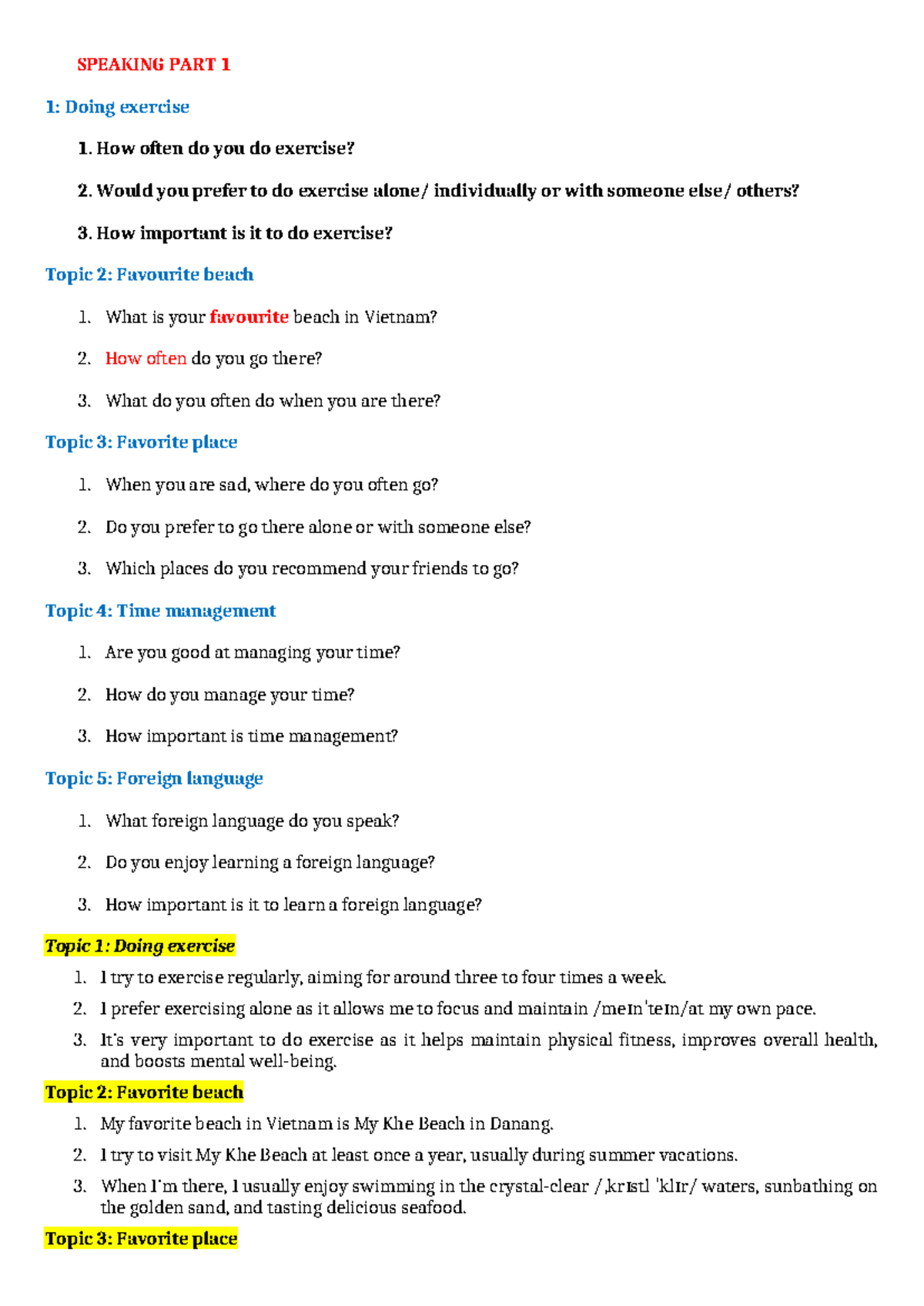 Speaking PART 1 - SPEAKING PART 1 1: Doing exercise 1. How often do you ...