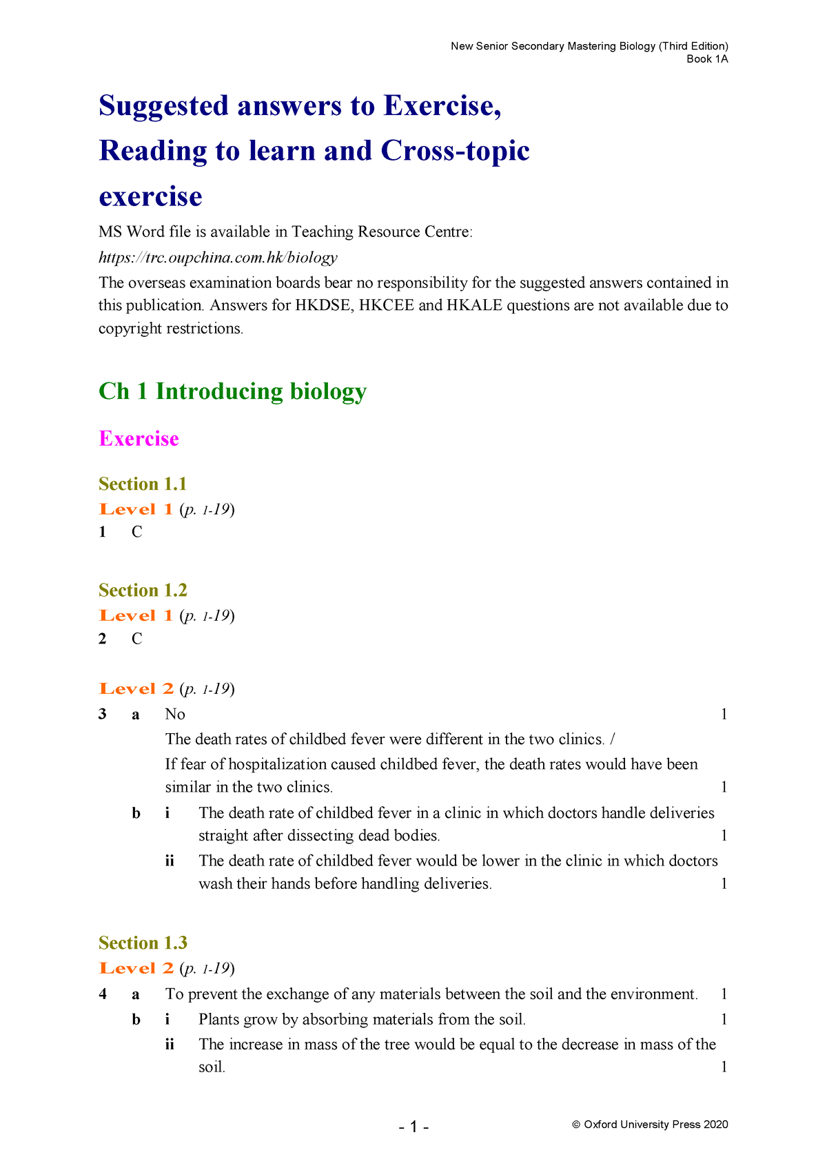 Bio Book 1A Answers - NSS Mastering Biology - Book 1A Suggested Answers ...