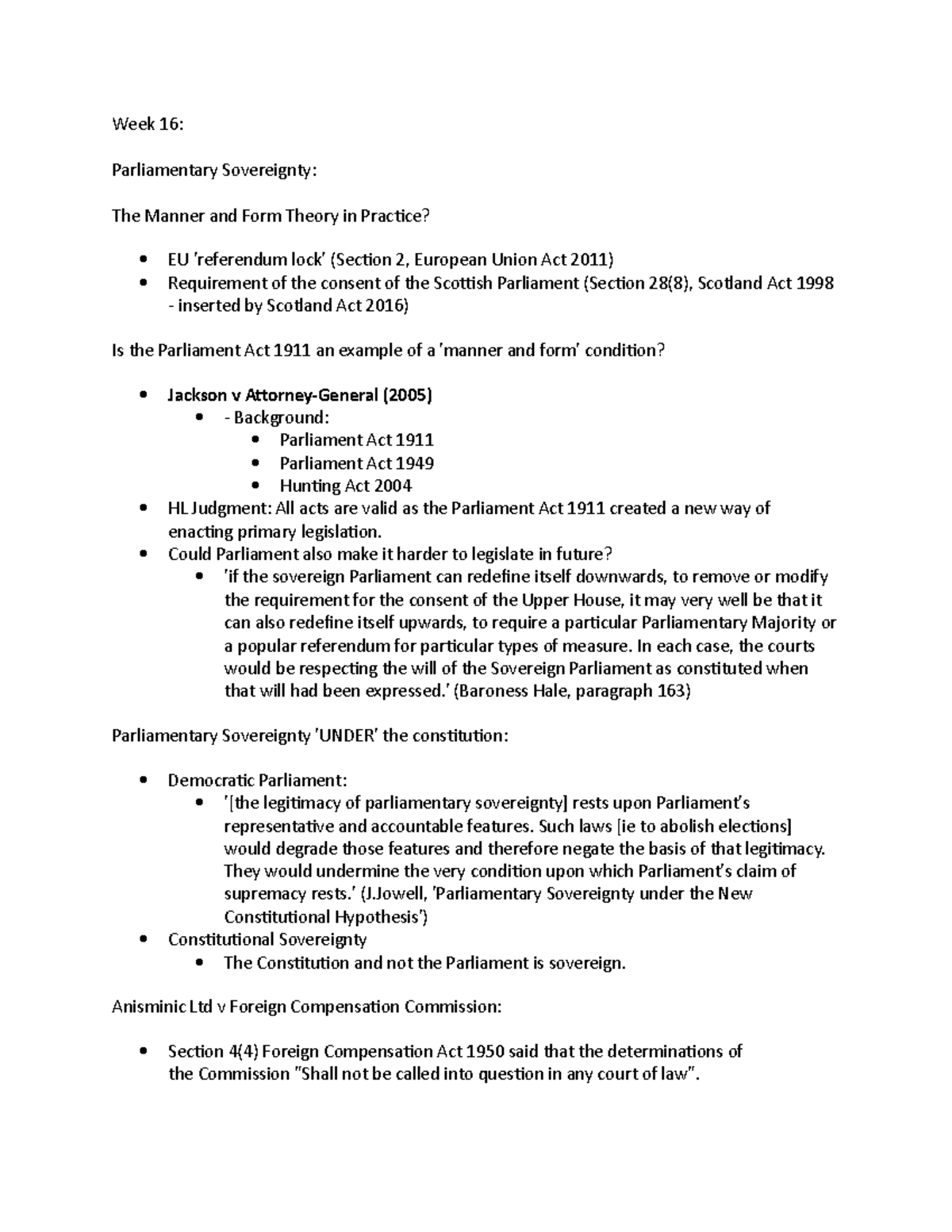 Week 6 Constitutional Lecture Notes - Week 16: Parliamentary ...