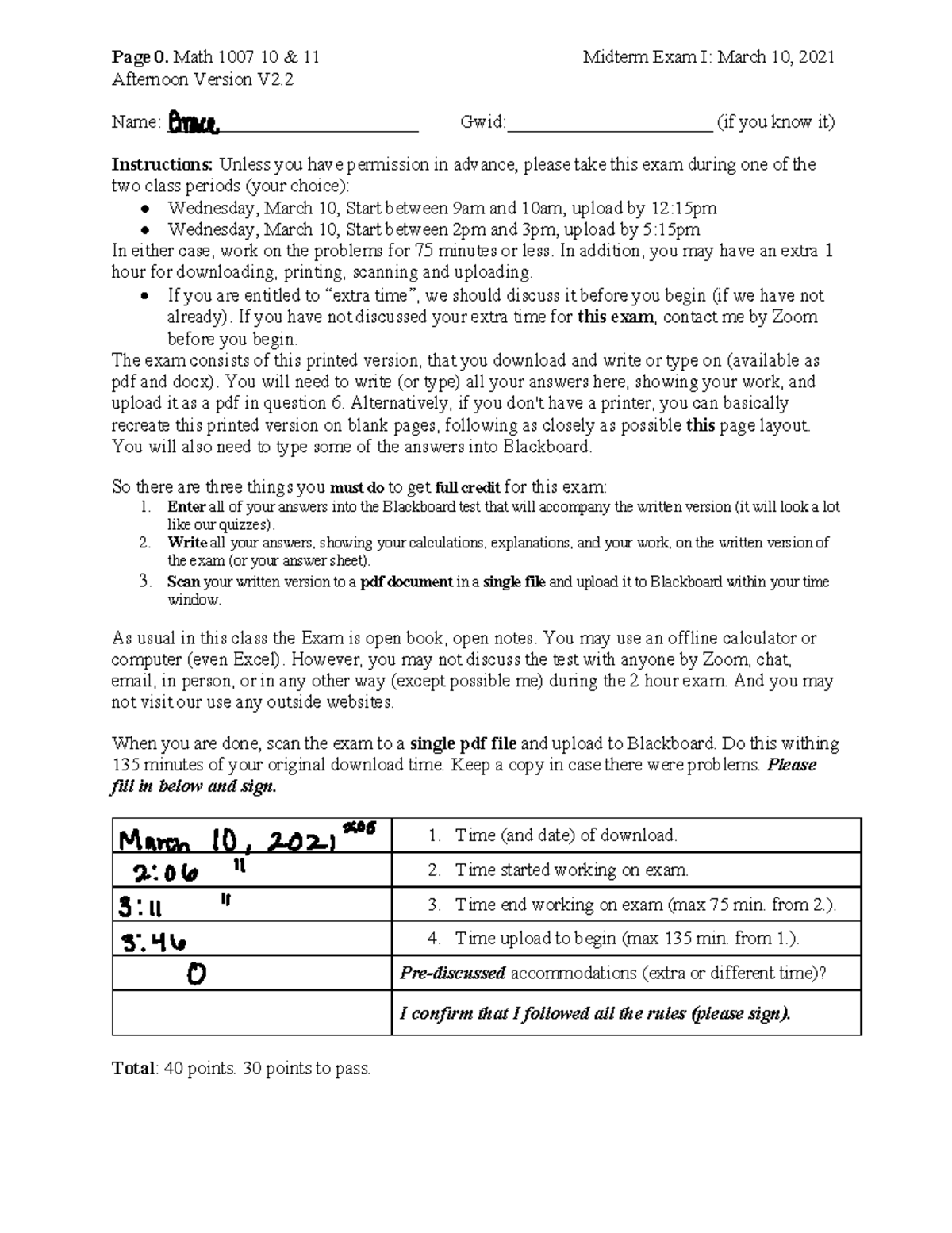 Math and Politics Exam - Grade: A - Page 0. Math 1007 10 & 11 Midterm ...