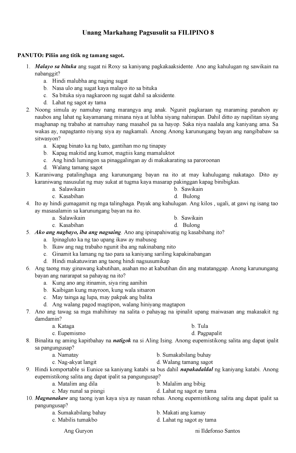 Unang Markahang Pagsusulit Sa Filipino 8 - Unang Markahang Pagsusulit ...