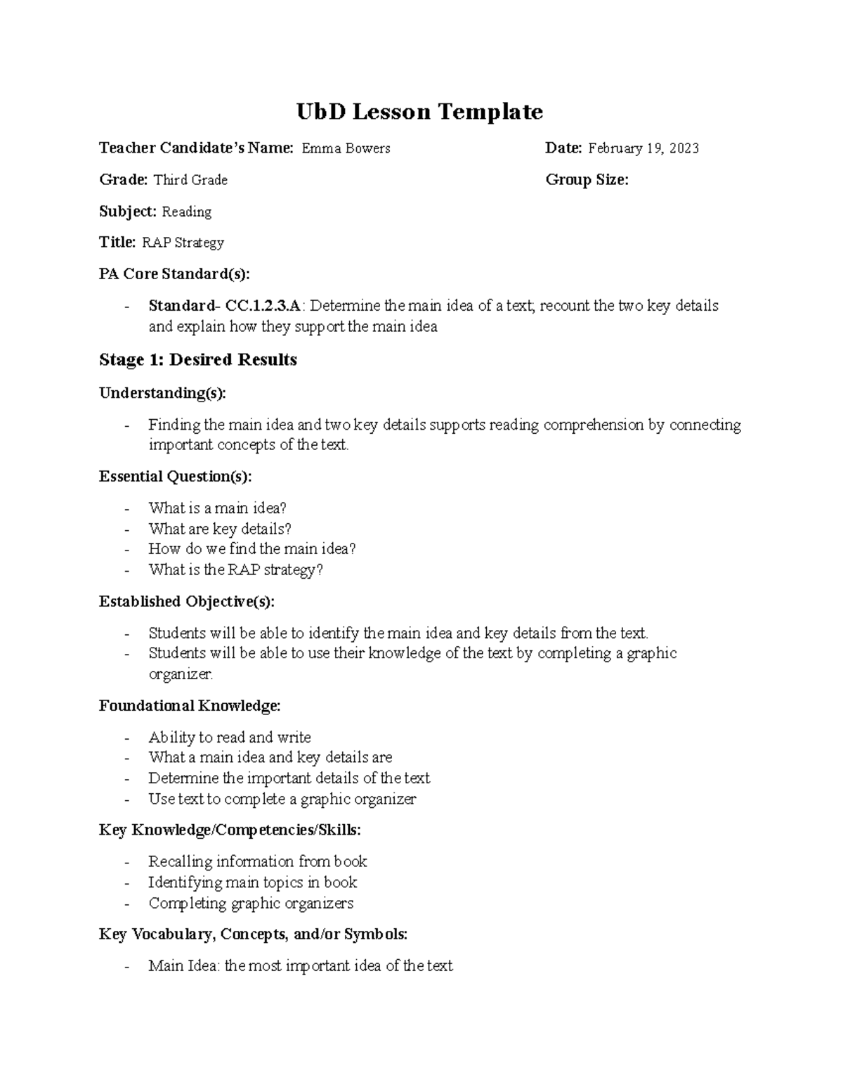 RAP Strategy Lesson Plan - UbD Lesson Template Teacher Candidate’s Name ...